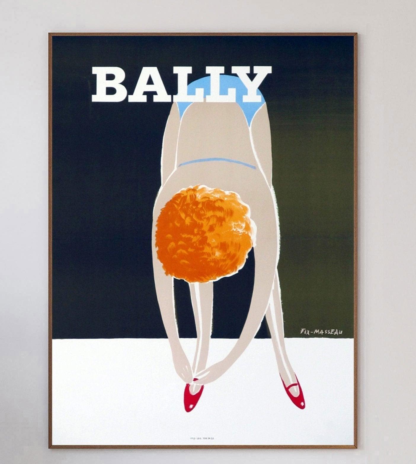 Beautifully designed poster from 1980 advertising the luxury Swiss shoe brand Bally. With artwork from French graphic designer and poster artist Fix-Masseau, known for his collaborations with the Venice Simplon Orient-Express.

This piece known as
