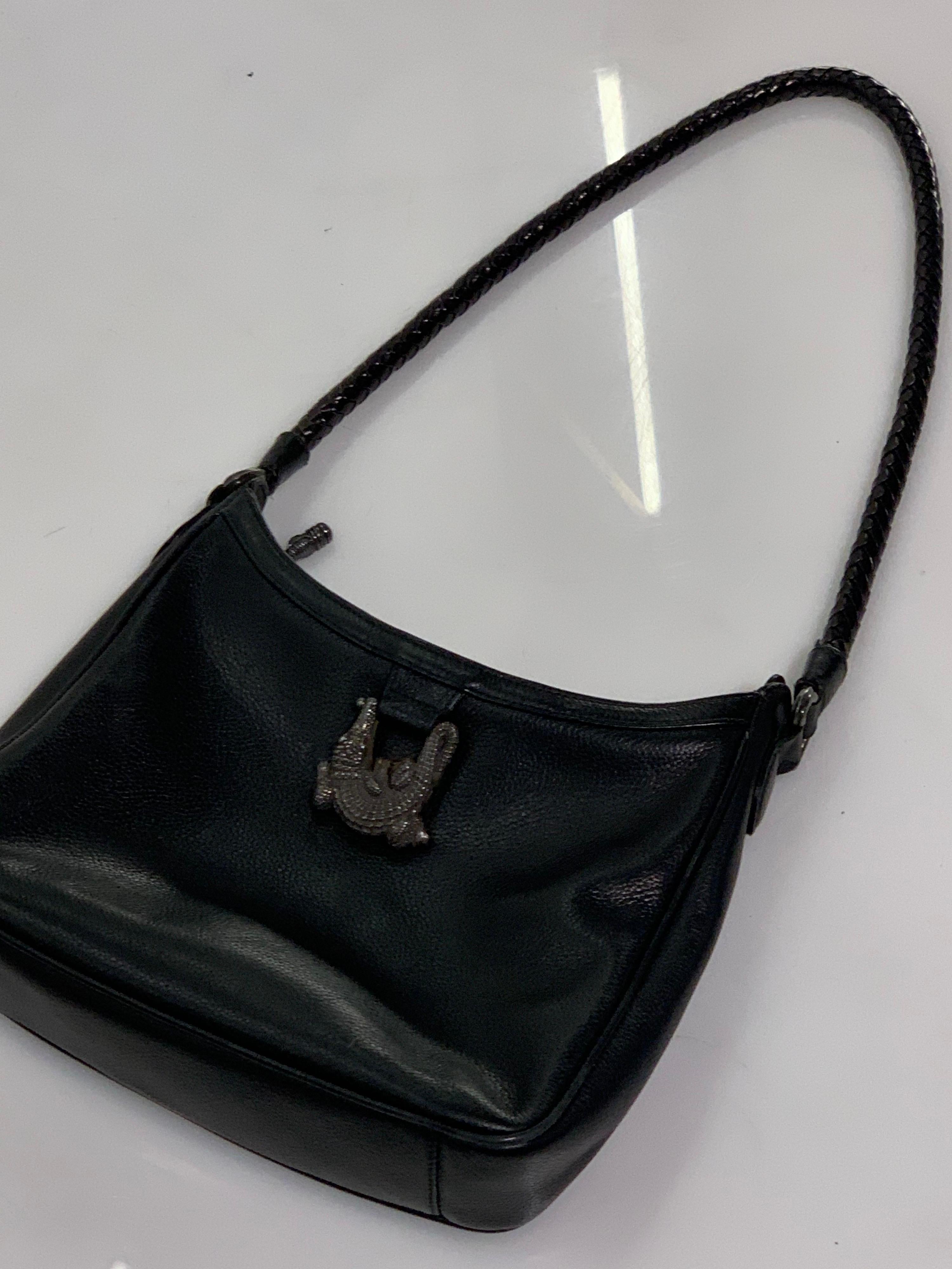 Women's 1980 Barry Kieselstein-Cord Black Leather Satchel Bag w/ Logo Alligator Hardware