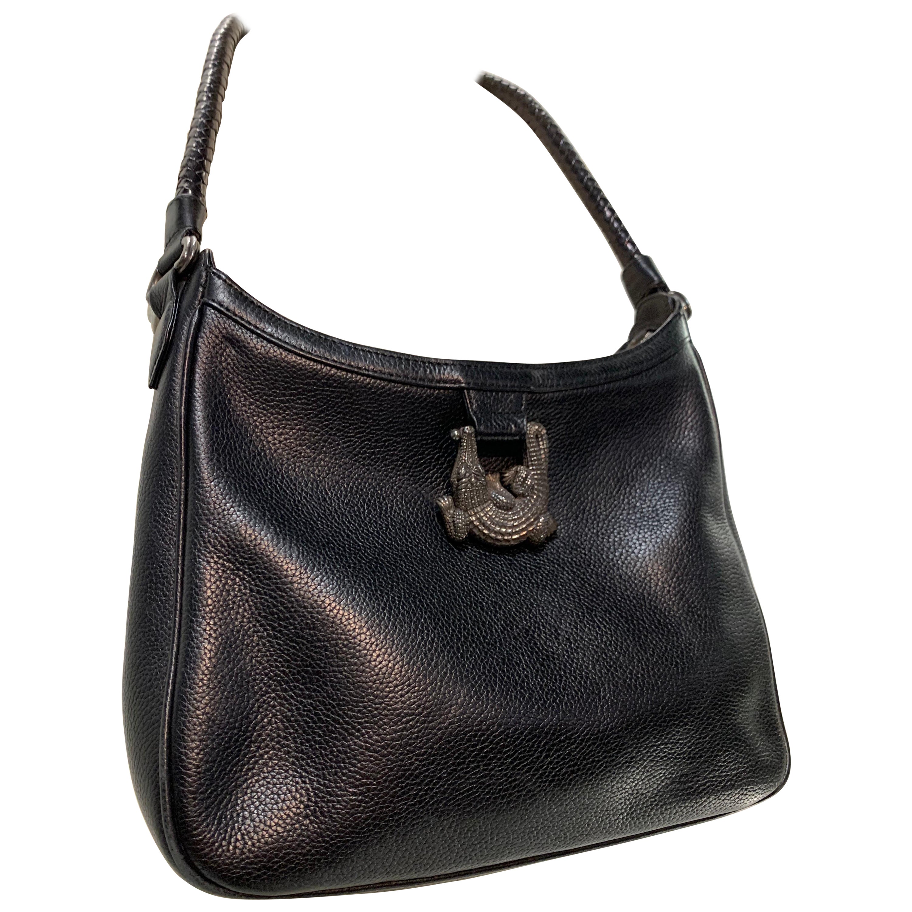 1980 Barry Kieselstein-Cord Black Leather Satchel Bag w/ Logo Alligator Hardware