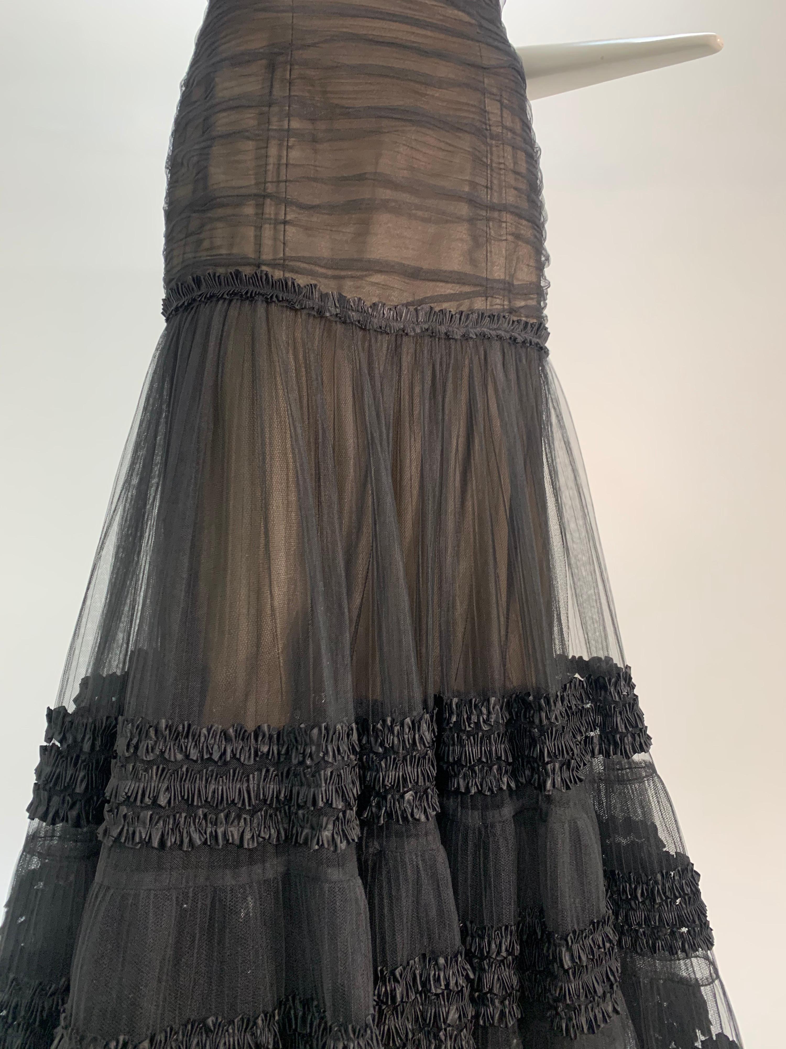 1980 Belleville Sassoon Vestido negro de tul con hombros al aire estilo campesino 6