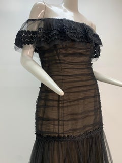1980 Belleville Sassoon Black Tulle Off-The-Shoulder Peasant-Style Gown