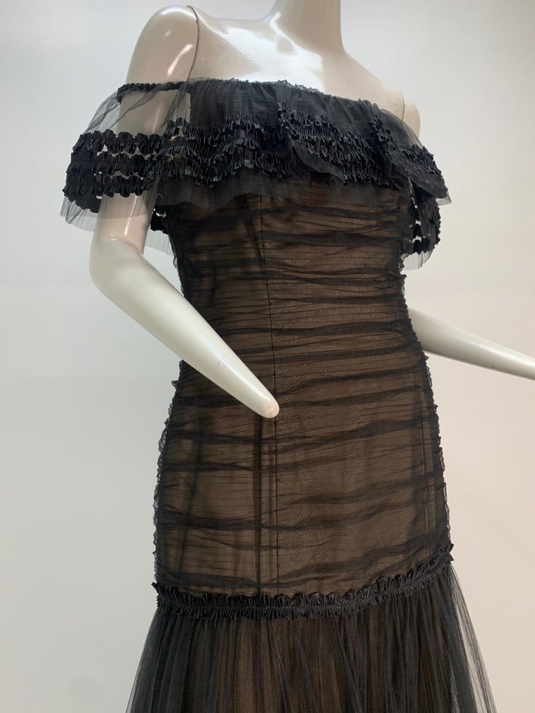1980 Belleville Sassoon Black Tulle Off-The-Shoulder Peasant-Style Gown ...