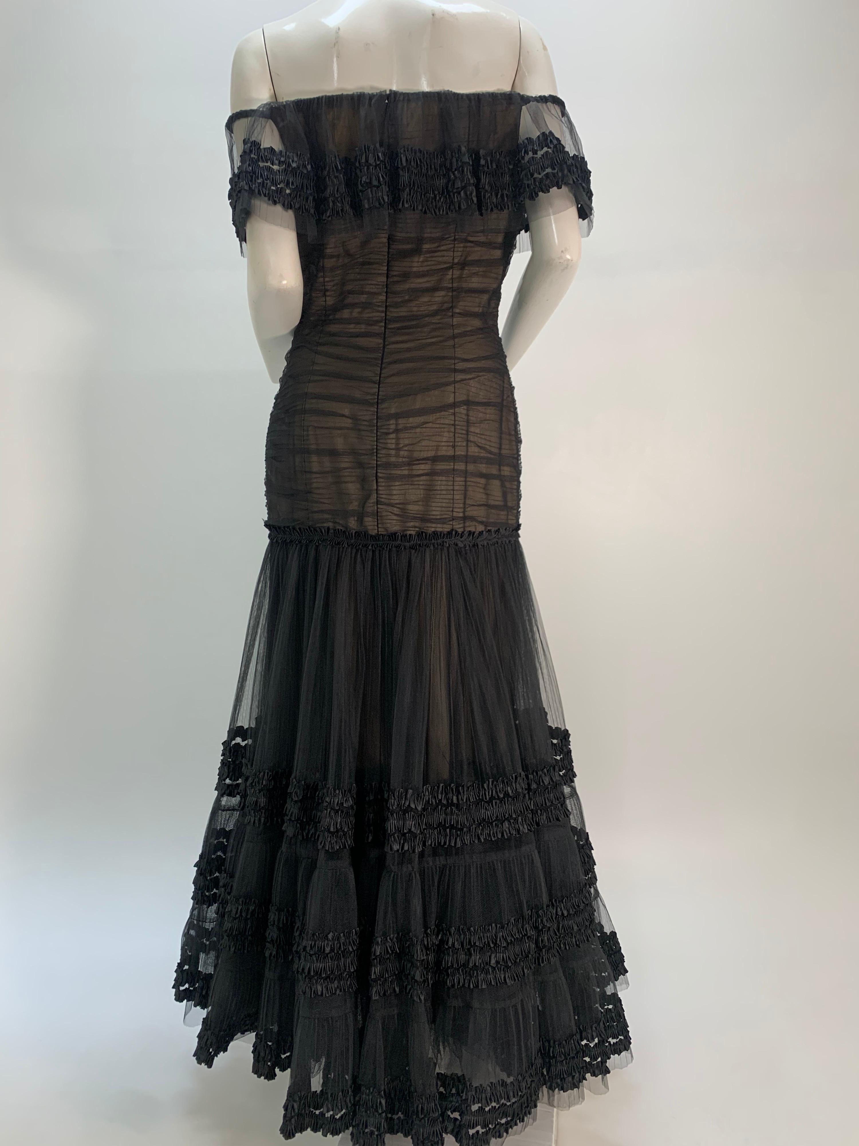 1980 Belleville Sassoon Black Tulle Off-The-Shoulder Peasant-Style Gown  In Excellent Condition In Gresham, OR