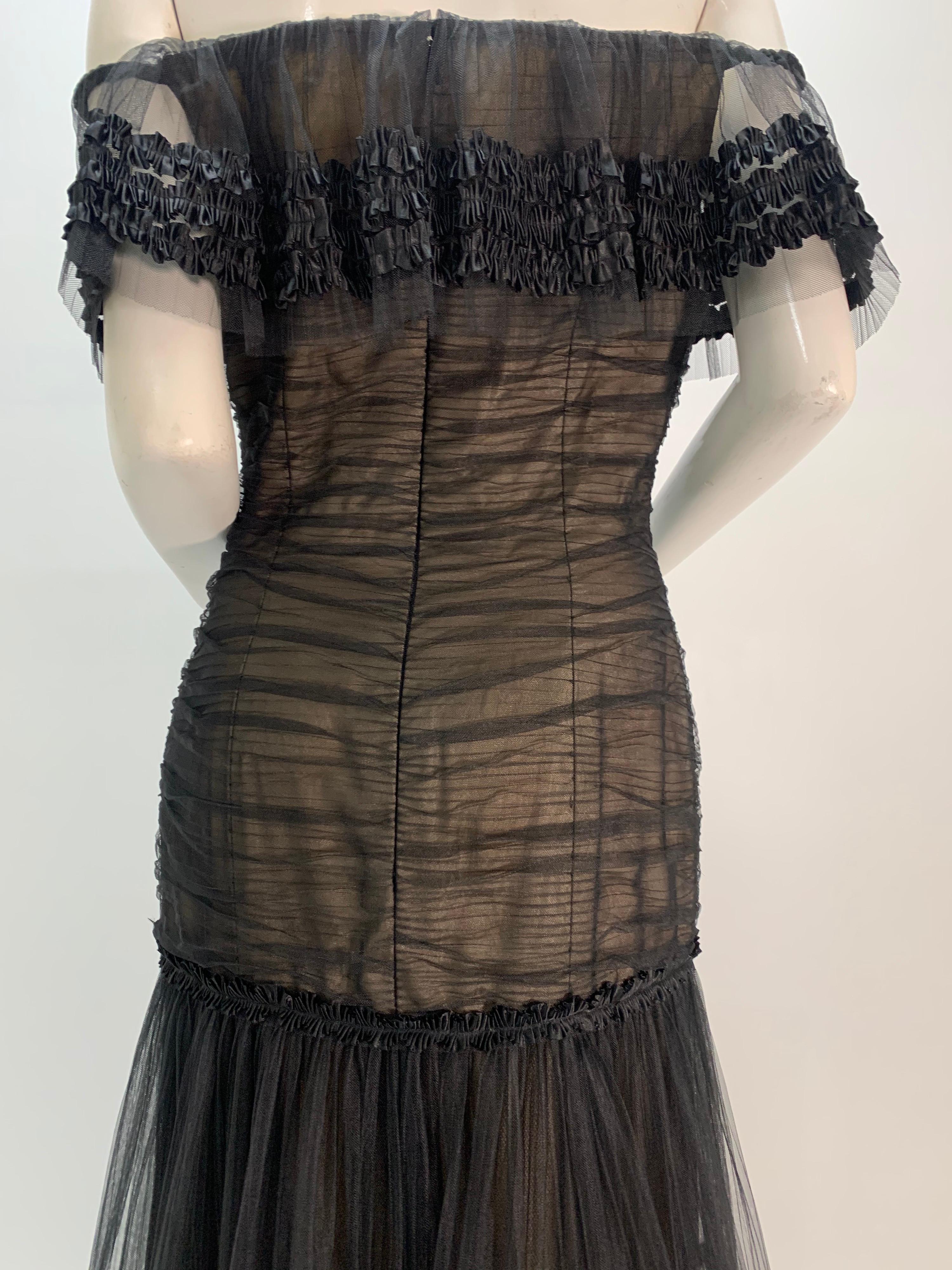 Women's 1980 Belleville Sassoon Black Tulle Off-The-Shoulder Peasant-Style Gown 