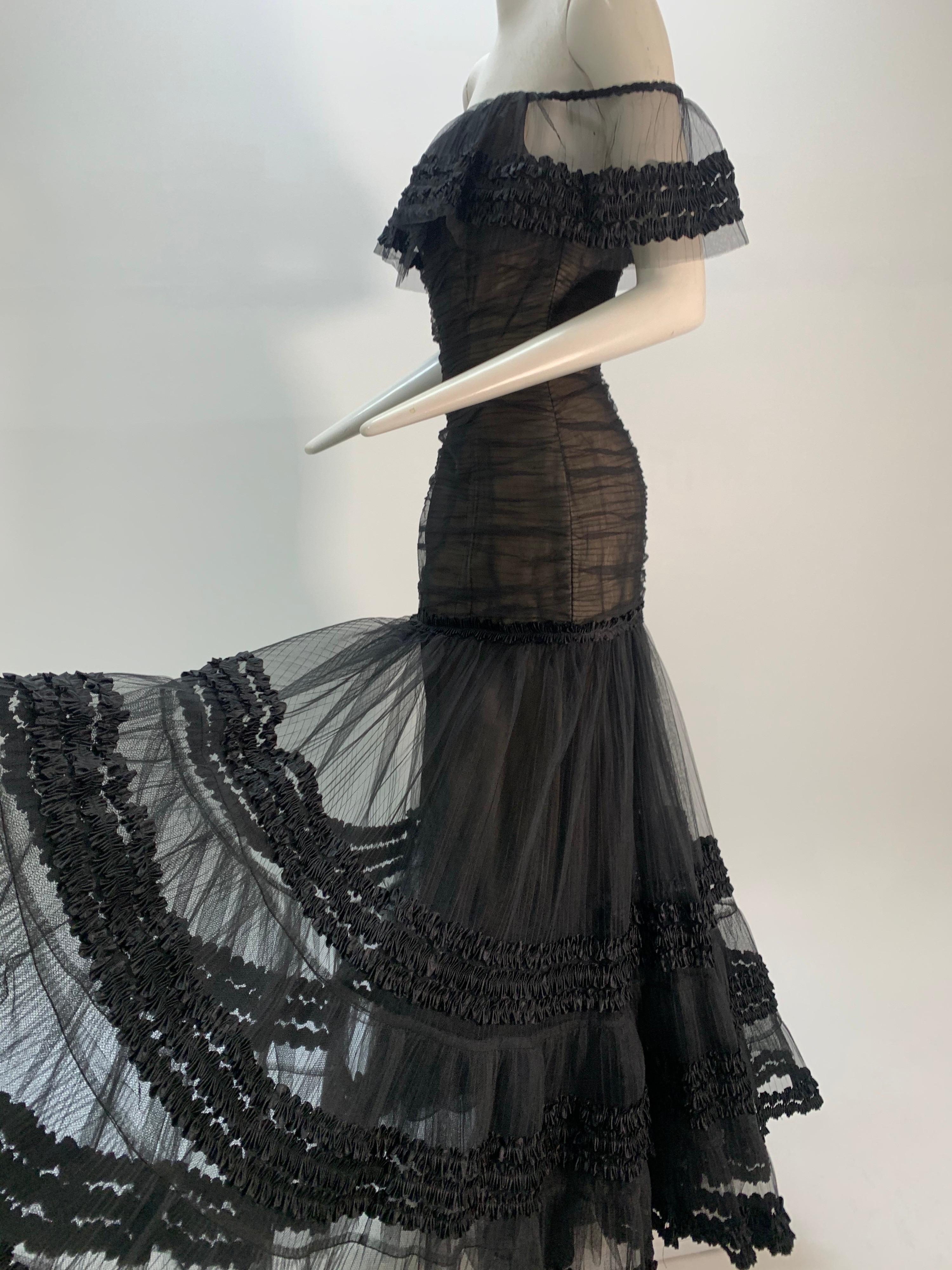 1980 Belleville Sassoon Vestido negro de tul con hombros al aire estilo campesino 3