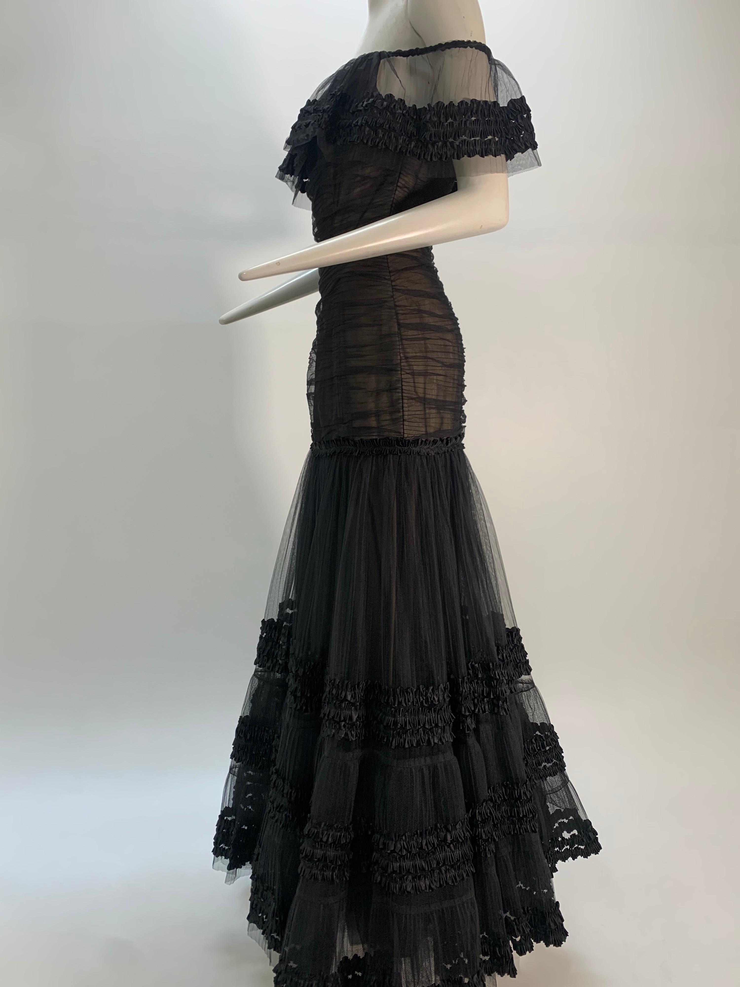 1980 Belleville Sassoon Black Tulle Off-The-Shoulder Peasant-Style Gown  2