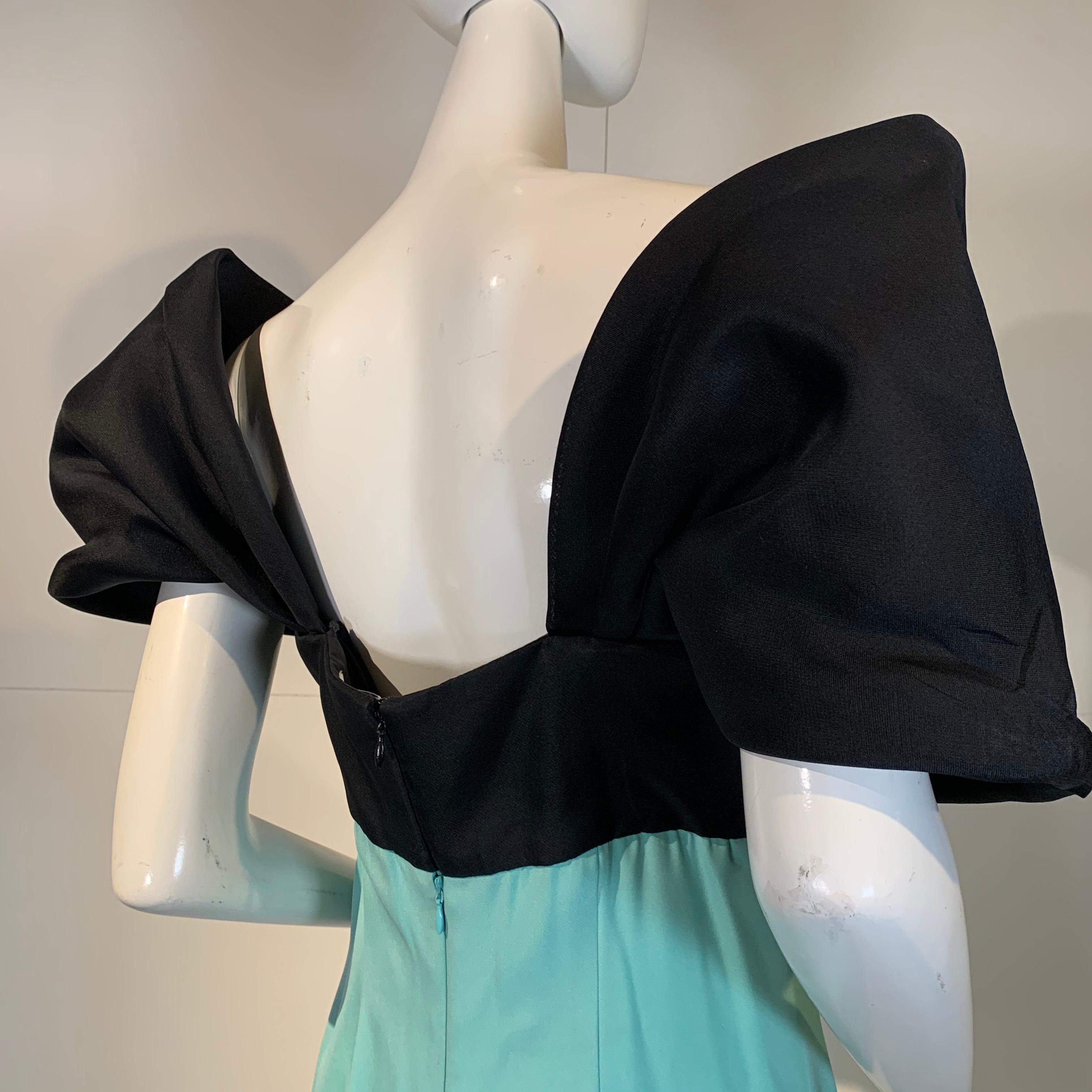 1980 Bill Blass Black Gazar Wrap Shoulder & Mint Crepe Gown With Fishtail Hem 4