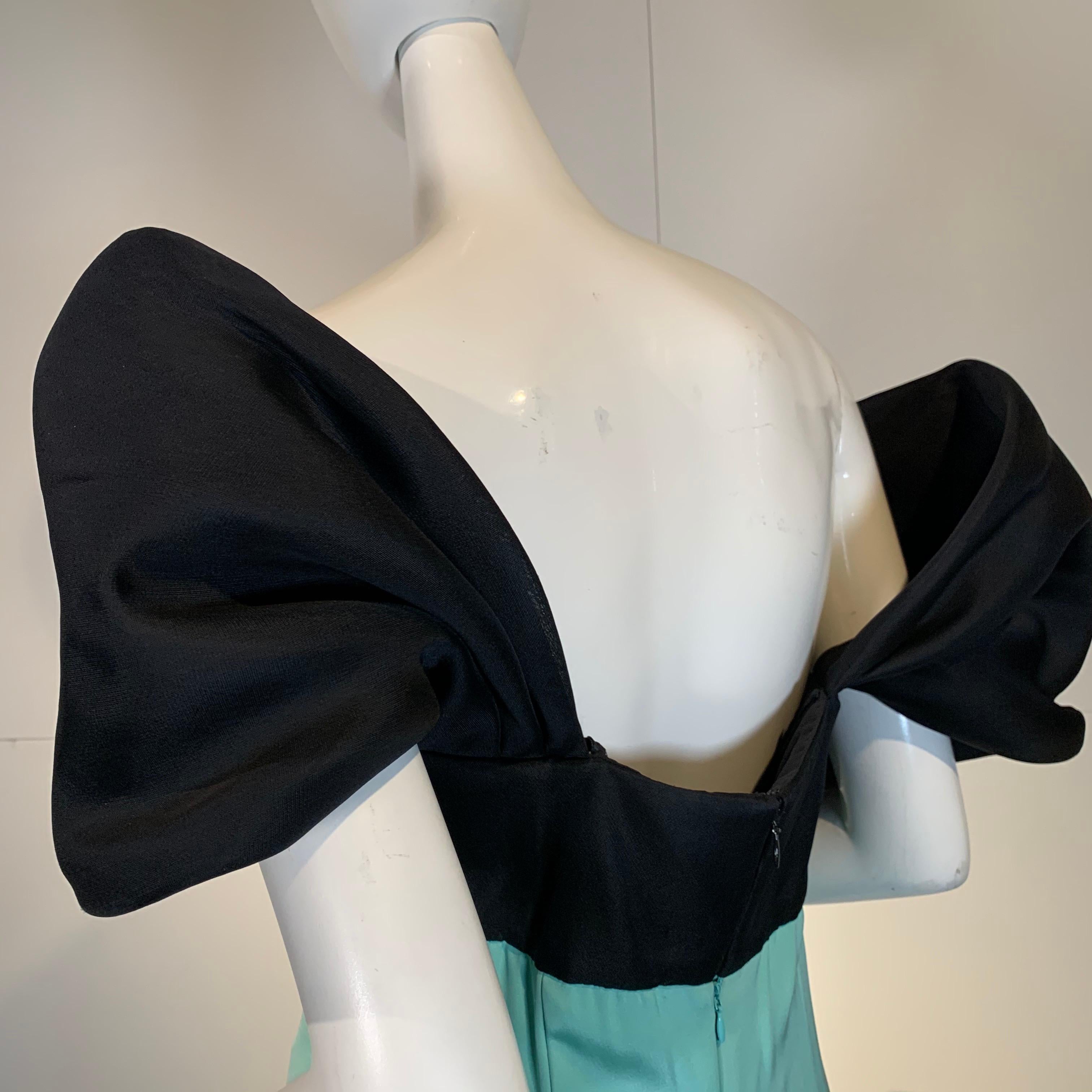 1980 Bill Blass Black Gazar Wrap Shoulder & Mint Crepe Gown With Fishtail Hem 8