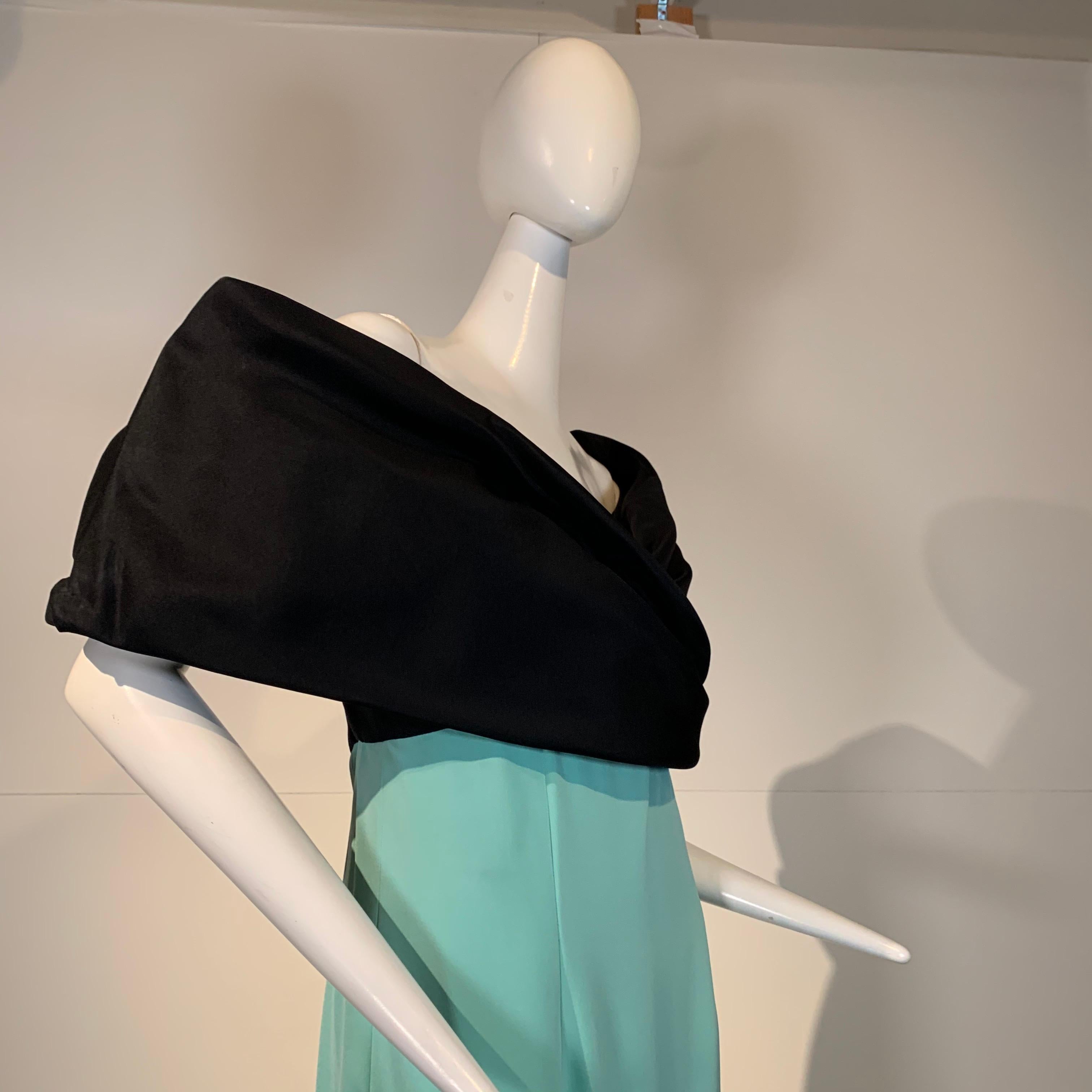 Women's 1980 Bill Blass Black Gazar Wrap Shoulder & Mint Crepe Gown With Fishtail Hem