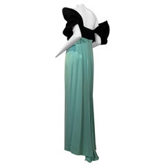 1980 Bill Blass Black Gazar Wrap Shoulder & Mint Crepe Gown With Fishtail Hem