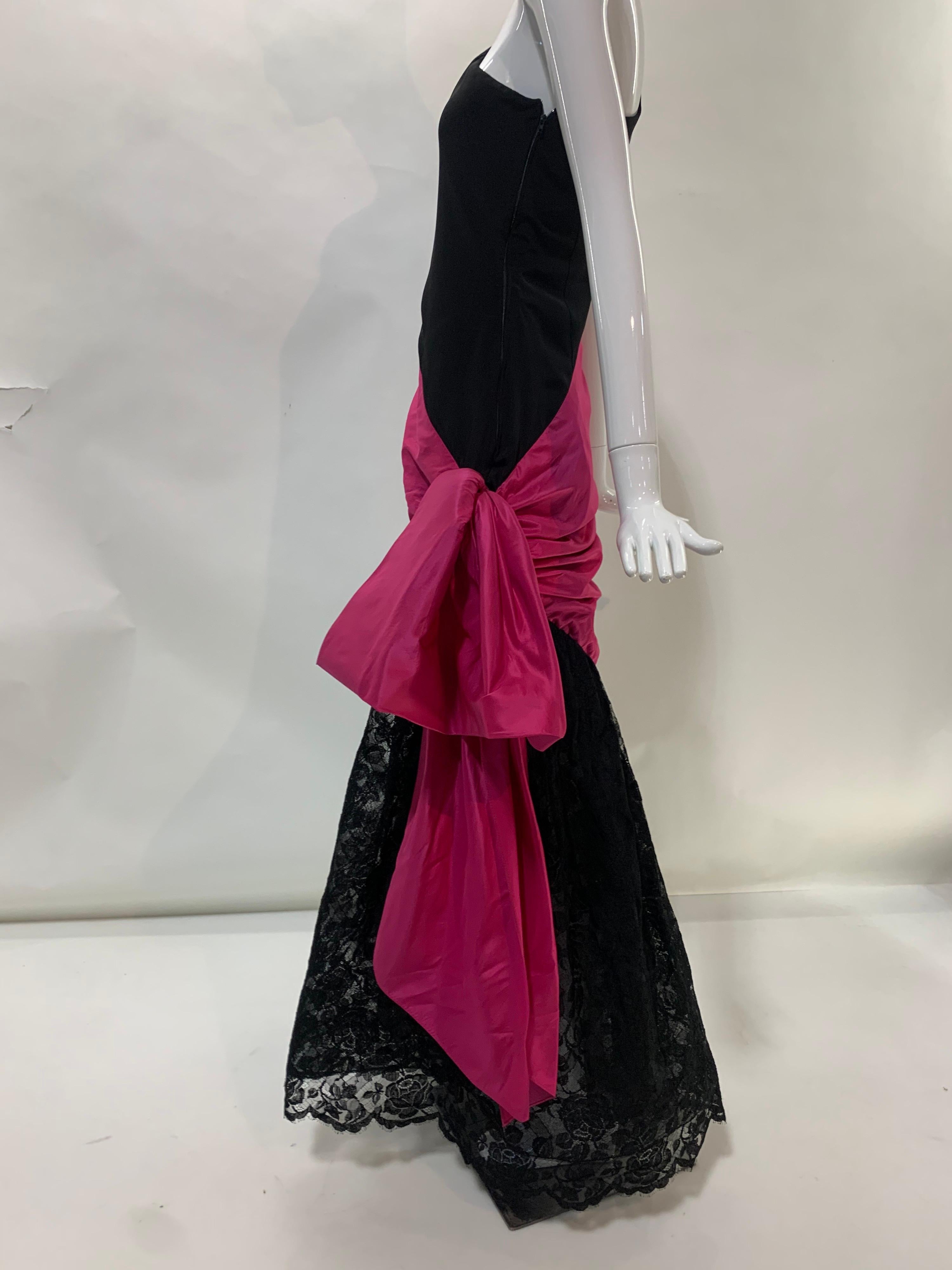 1980 Bill Blass Black Silk Crepe One-Shoulder Gown w/ Lace Skirt and Fuchsia Bow For Sale 6