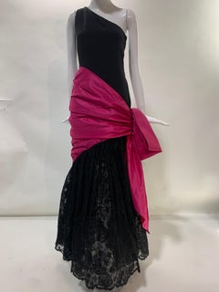 1980 Bill Blass Black Silk Crepe One-Shoulder Gown w/ Lace Skirt and Fuchsia Bow