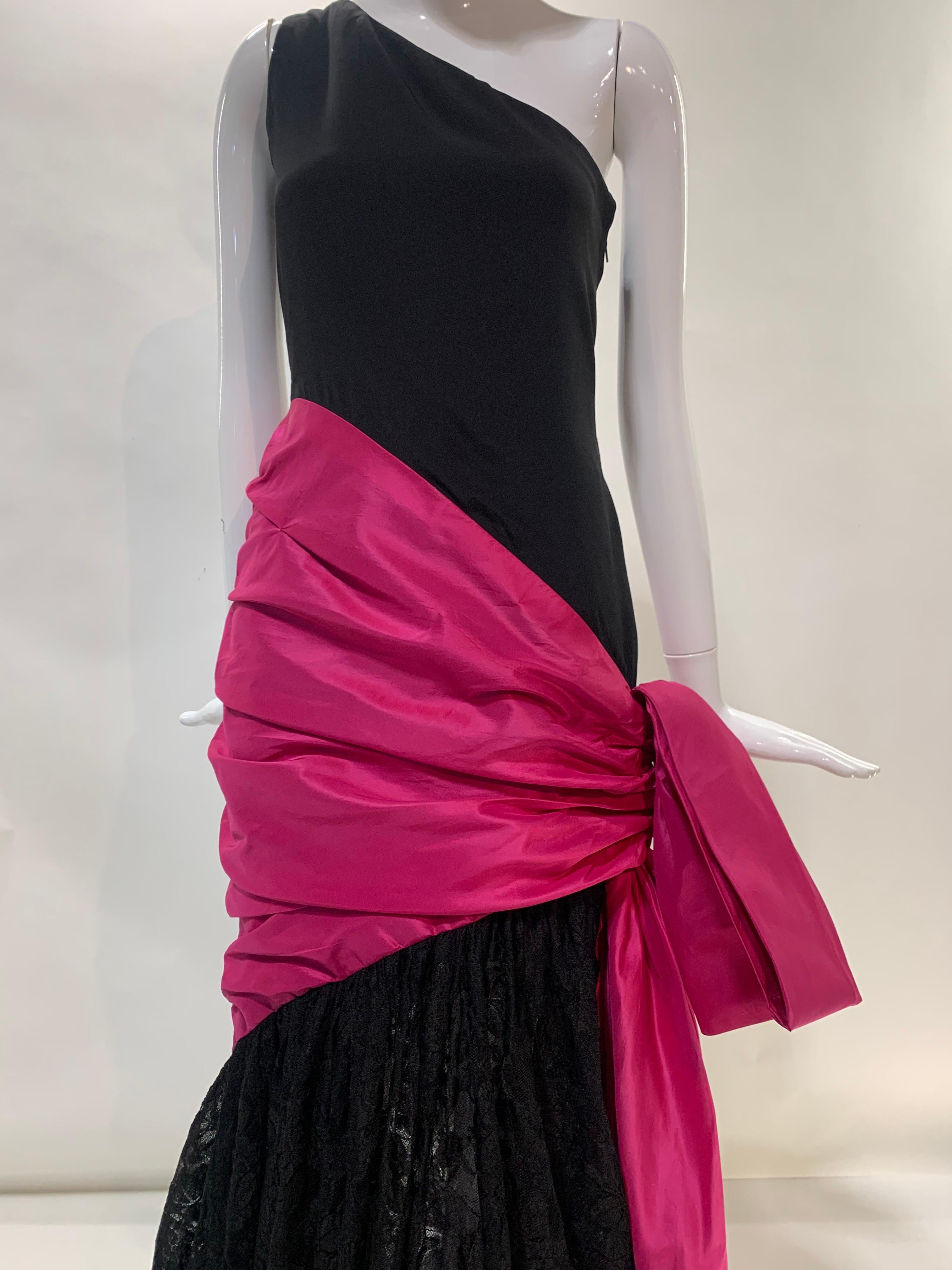 1980 Bill Blass Black Silk Crepe One-Shoulder Gown w/ Lace Skirt and Fuchsia Bow In Excellent Condition For Sale In Gresham, OR