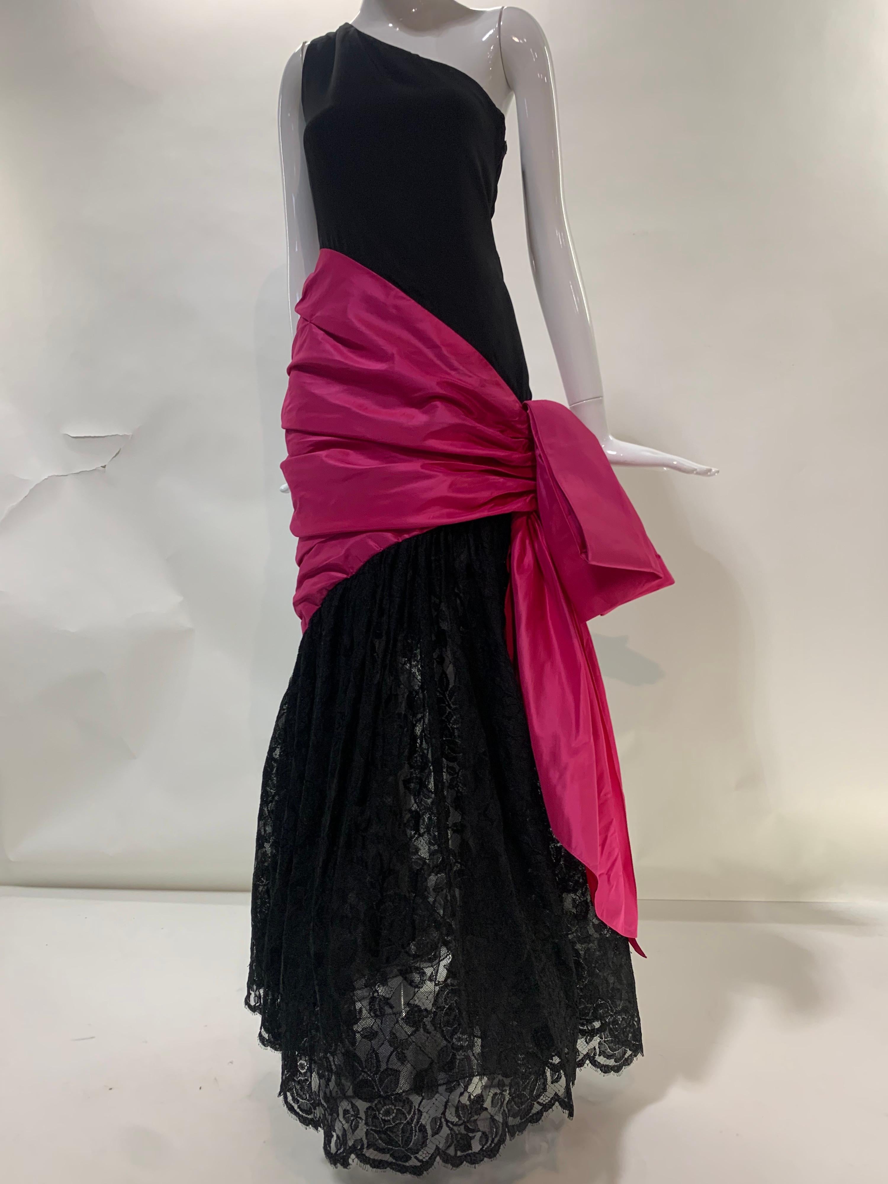 Women's 1980 Bill Blass Black Silk Crepe One-Shoulder Gown w/ Lace Skirt and Fuchsia Bow For Sale