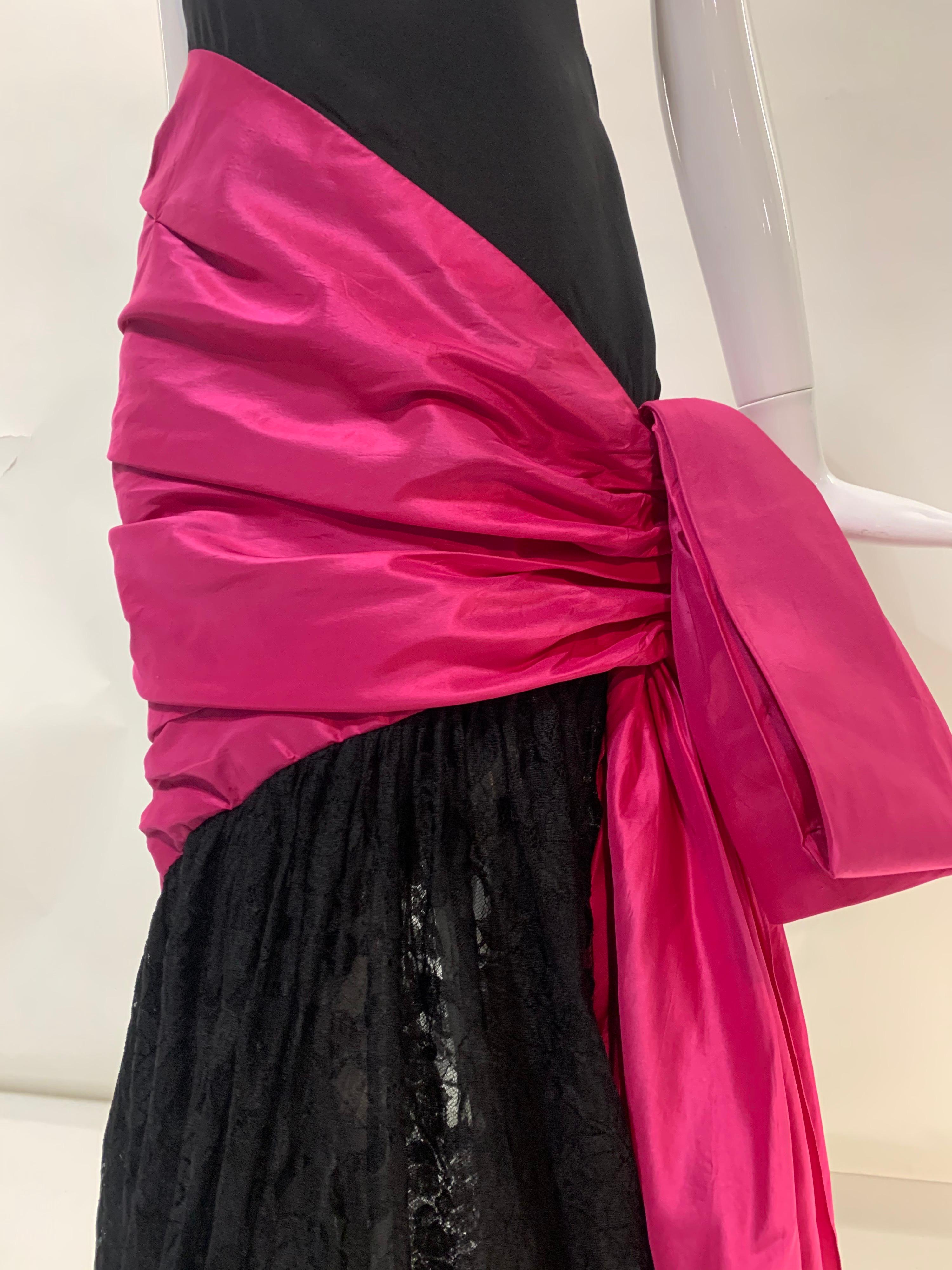 1980 Bill Blass Black Silk Crepe One-Shoulder Gown w/ Lace Skirt and Fuchsia Bow For Sale 1
