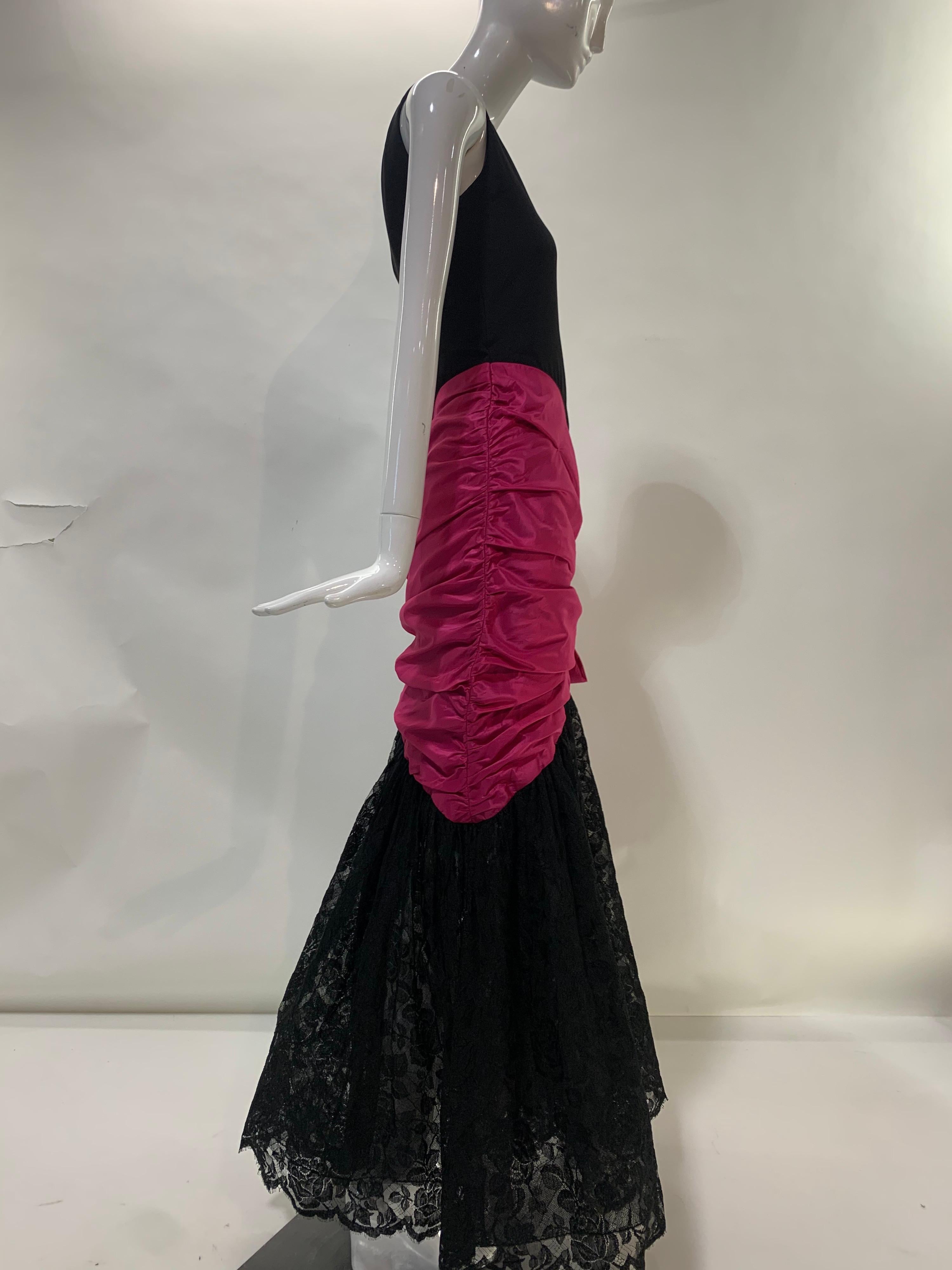 1980 Bill Blass Black Silk Crepe One-Shoulder Gown w/ Lace Skirt and Fuchsia Bow For Sale 2