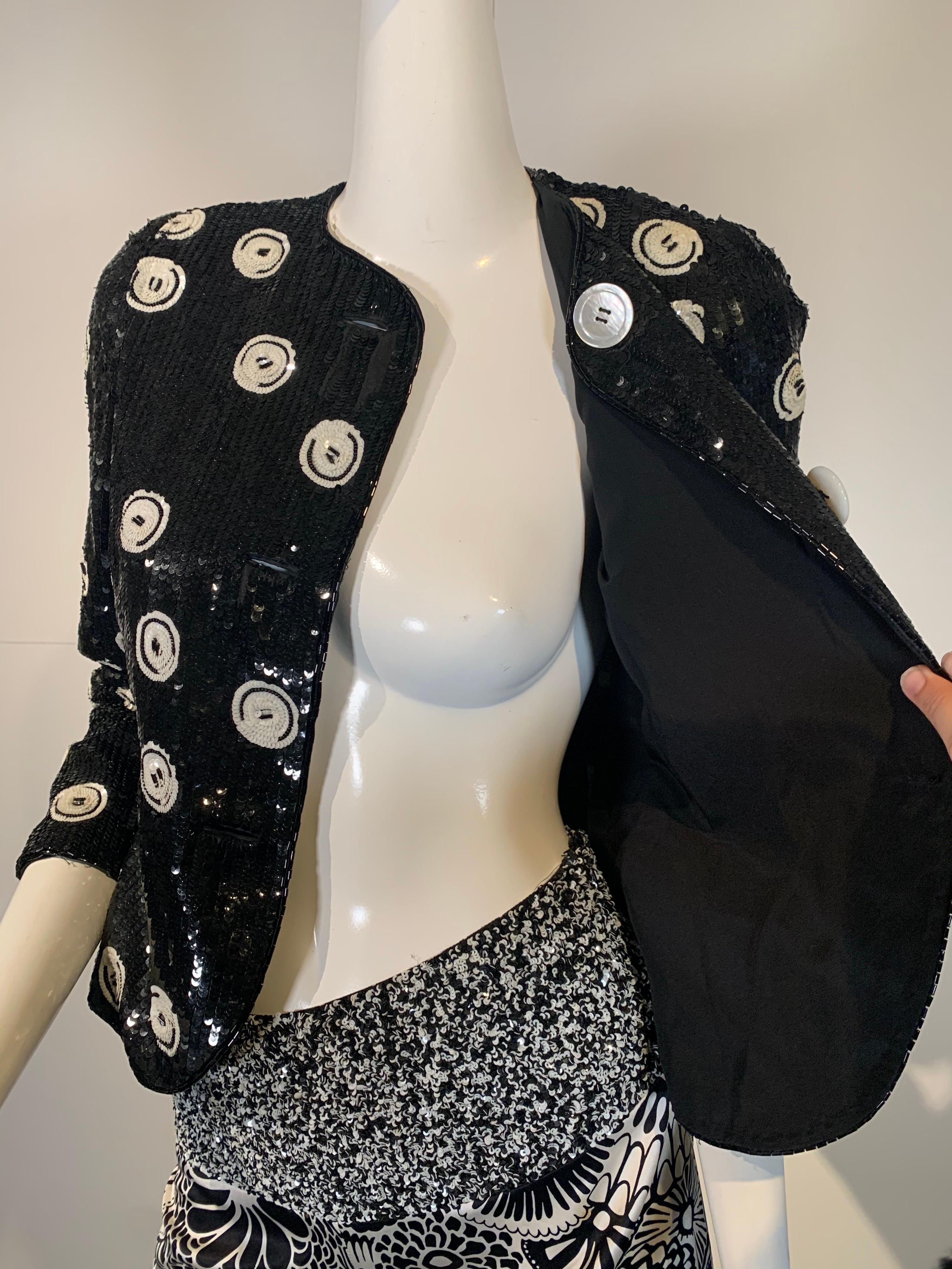 1980 Bill Blass Black & White Sequin Button Jacket & Silk Print Wide Leg Pant 12