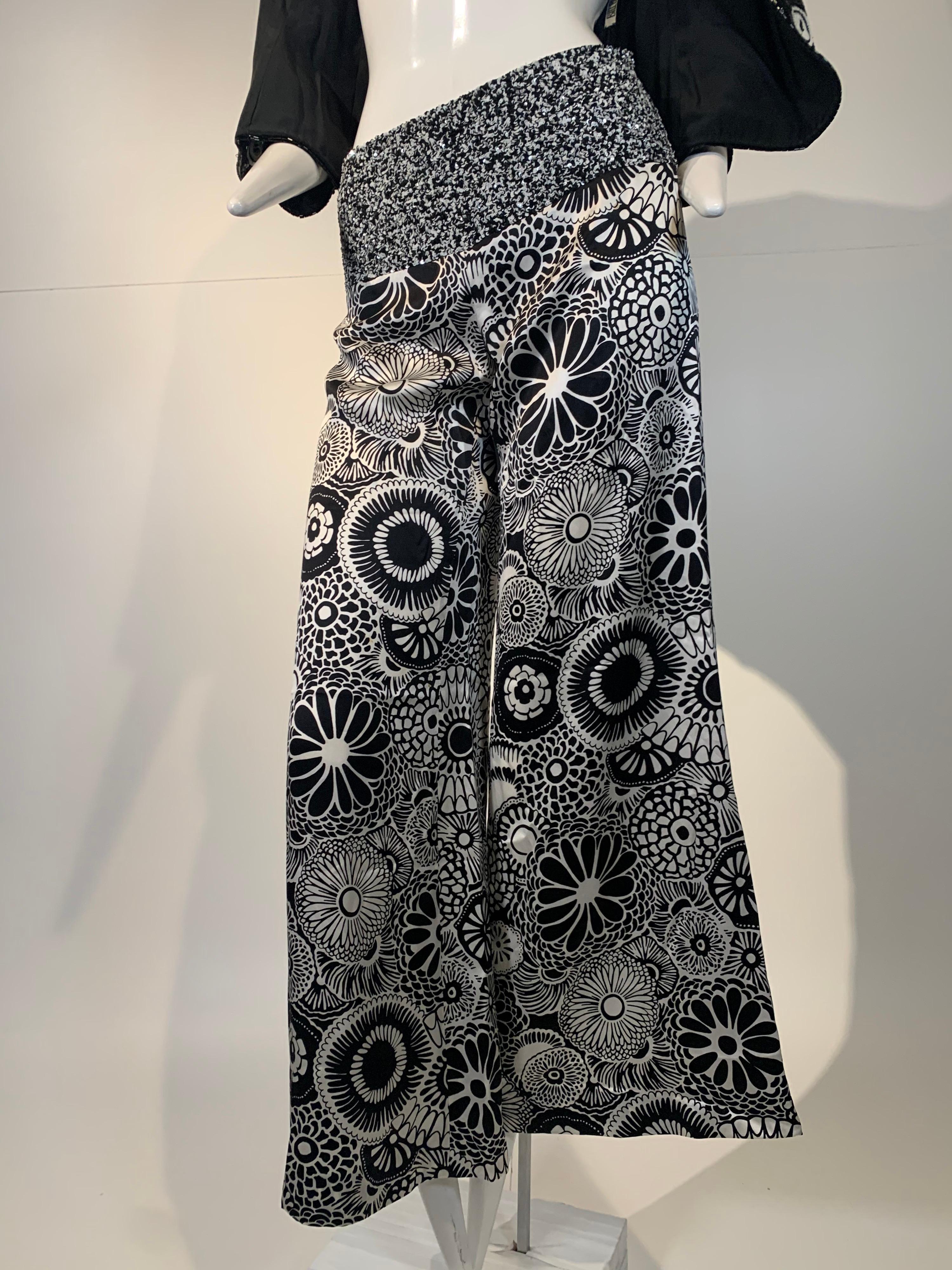 1980 Bill Blass Black & White Sequin Button Jacket & Silk Print Wide Leg Pant 13