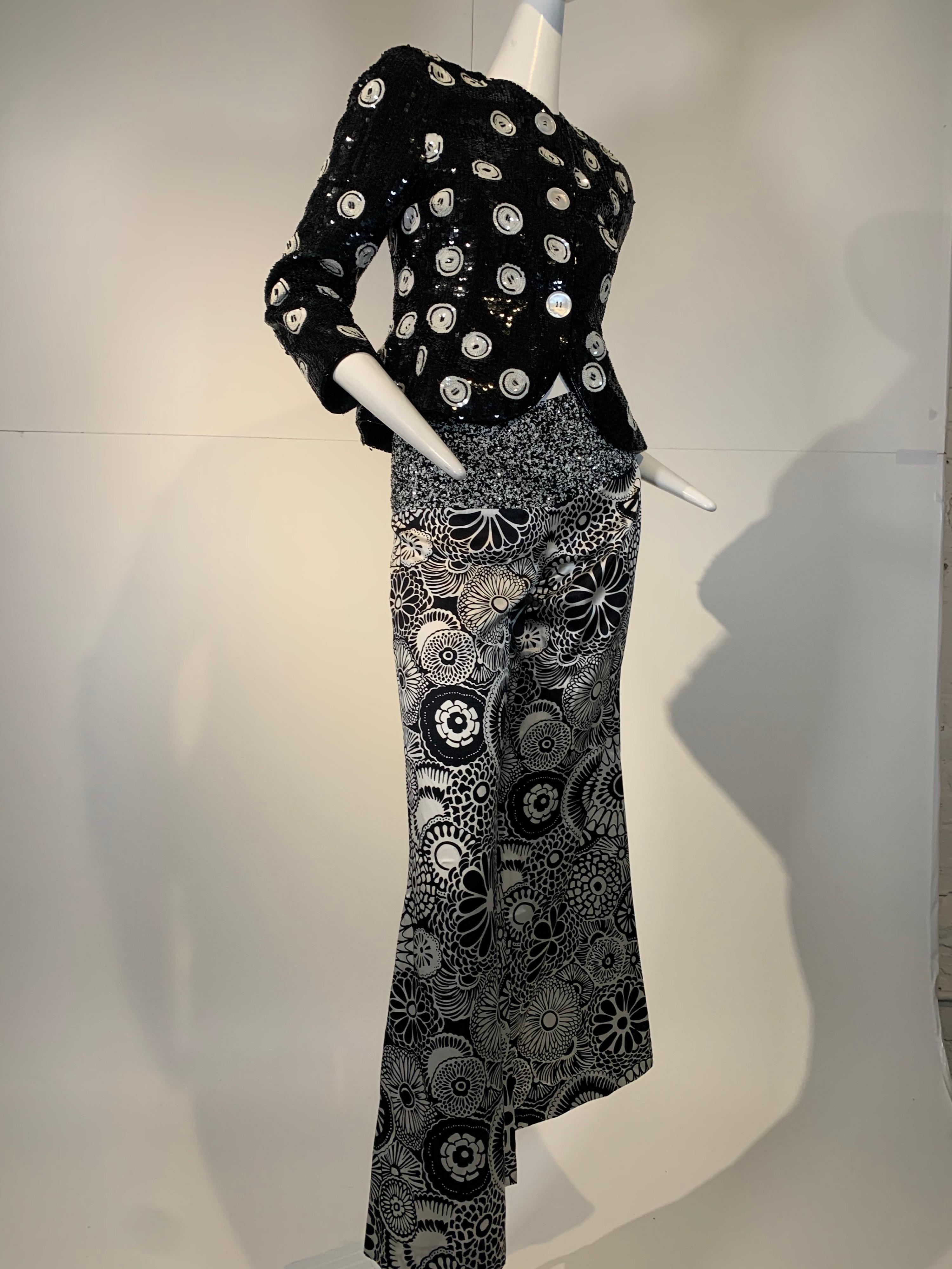 1980s Bill Blass black and white whimsical mixed-print pants and jacket ensemble originally purchased at Nan Duskin:  Jacket is a graphic button pattern completely covered in sequins and beads. Buttons up the front match the print of the jacket.
