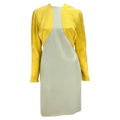1980 Bill Blass Couture Two-Tone Pastel Yellow Grey Blue Built-In Jacket Dress