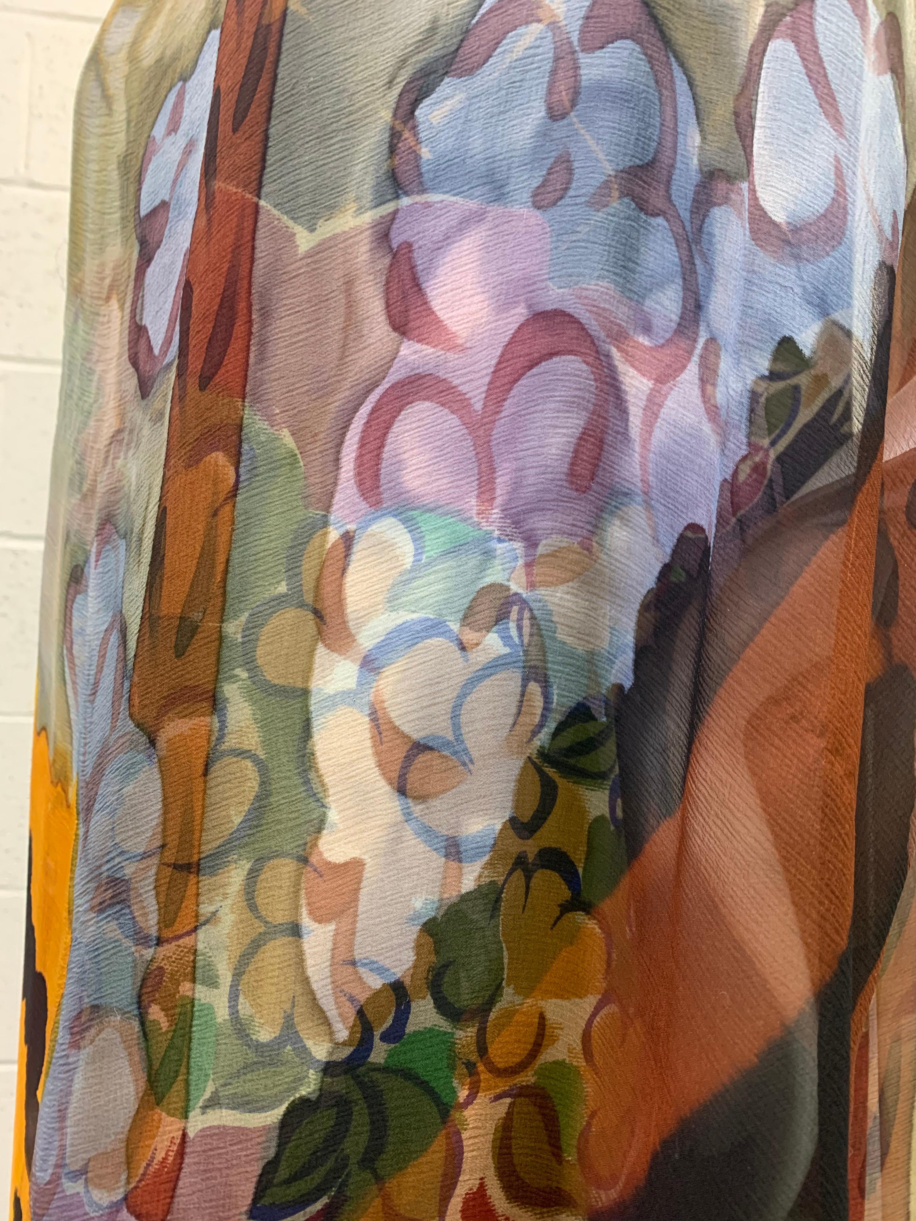 Brown 1980 Bill Blass Matisse Print Silk Chiffon Overlay & Matching Shift Dress Set For Sale