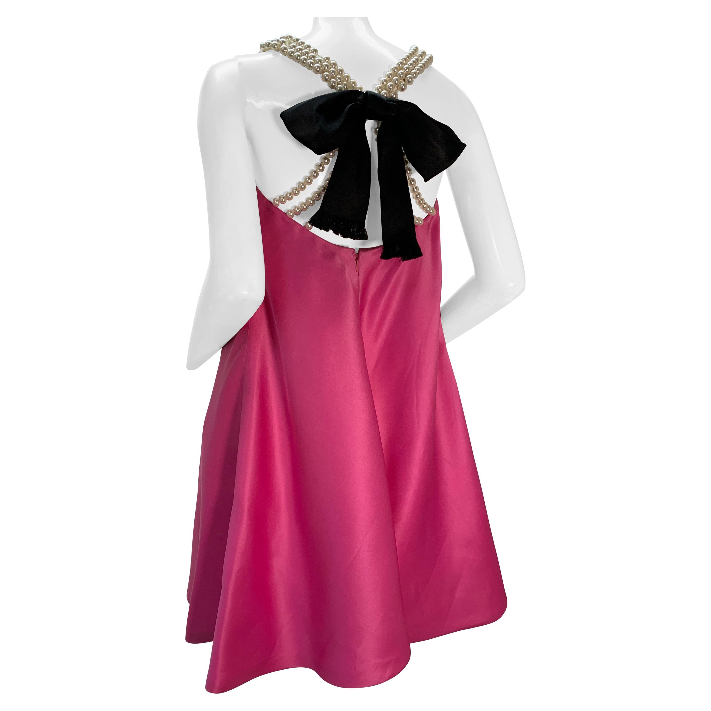 1980 Bill Blass Pink Silk Organza Mini Dress W/Chunky Pearl Strands & Bow