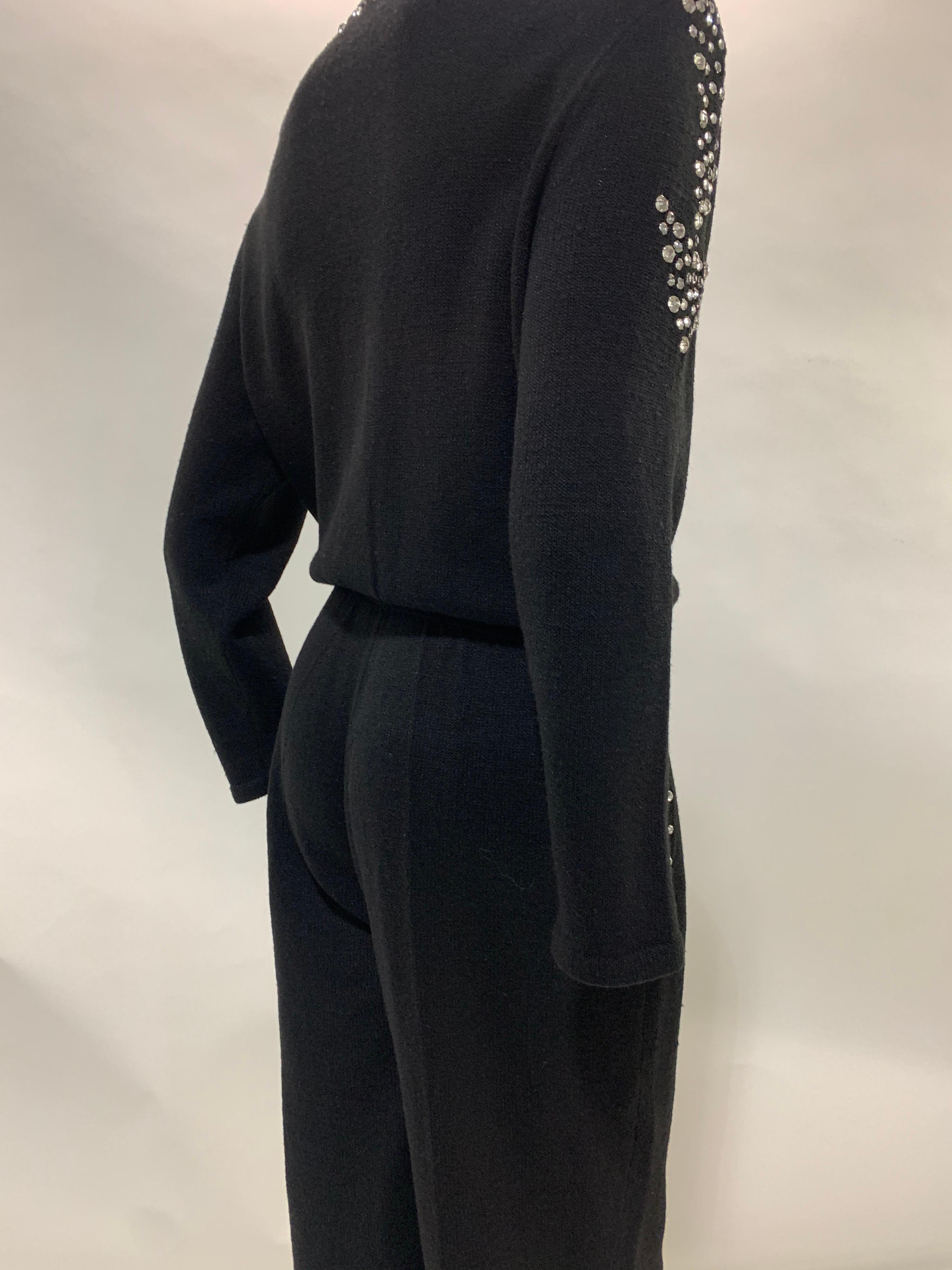 1980 Black Knit Jumpsuit w/ Structured Rhinestone Embellished Shoulder Arrows For Sale 6