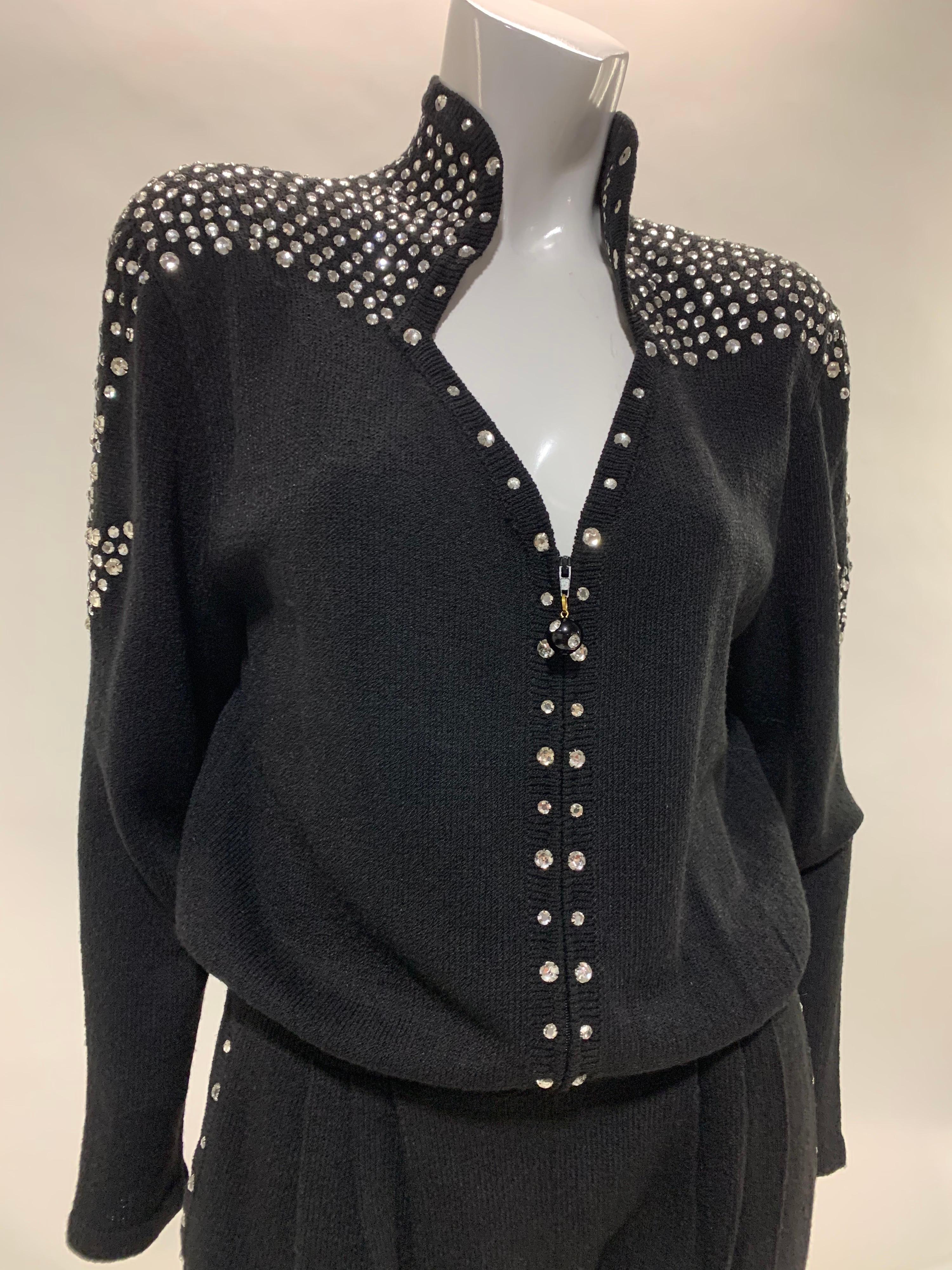 1980 Black Knit Jumpsuit w/ Structured Rhinestone Embellished Shoulder Arrows For Sale 12