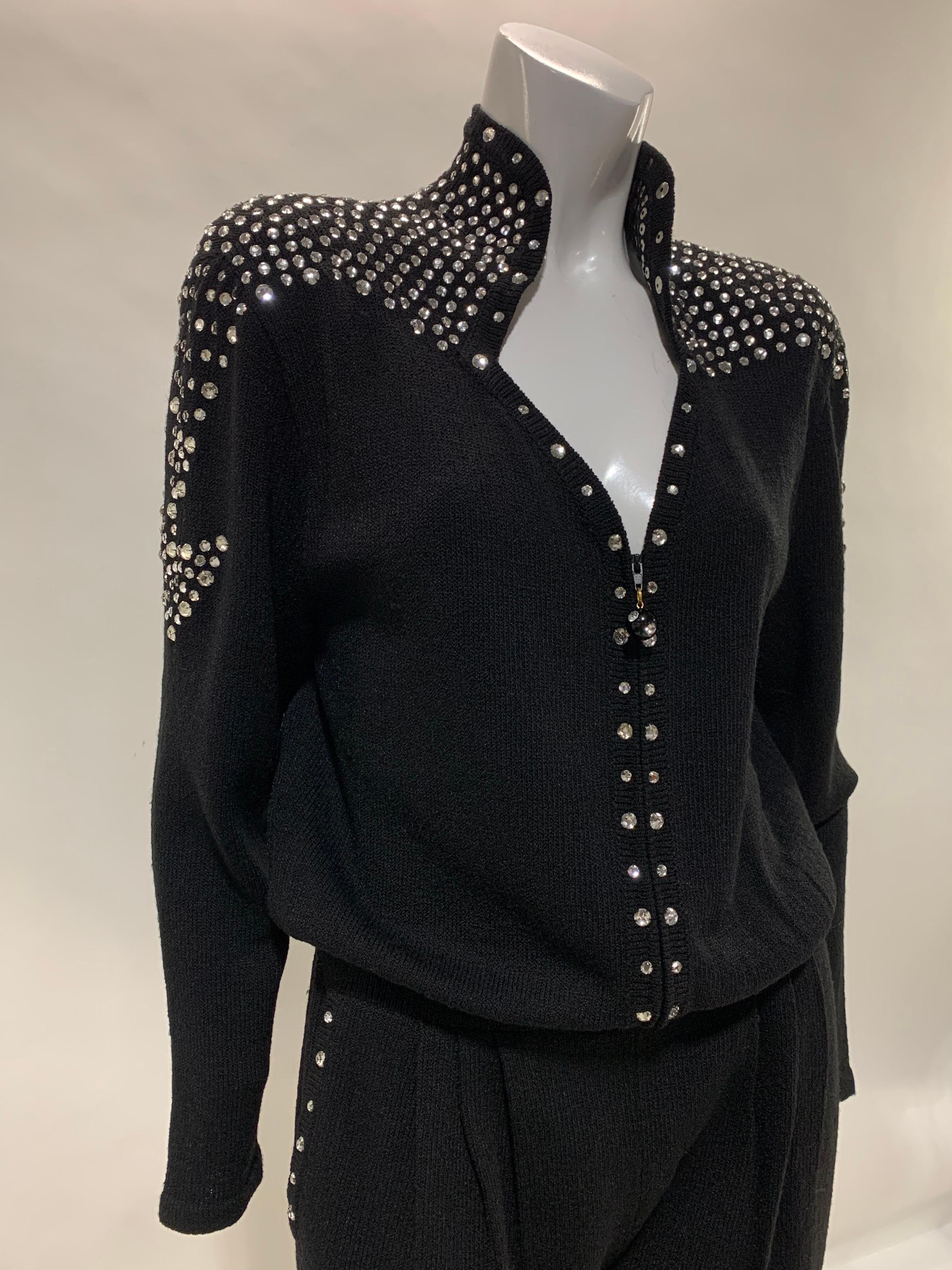 1980 Black Knit Jumpsuit w/ Structured Rhinestone Embellished Shoulder Arrows For Sale 14