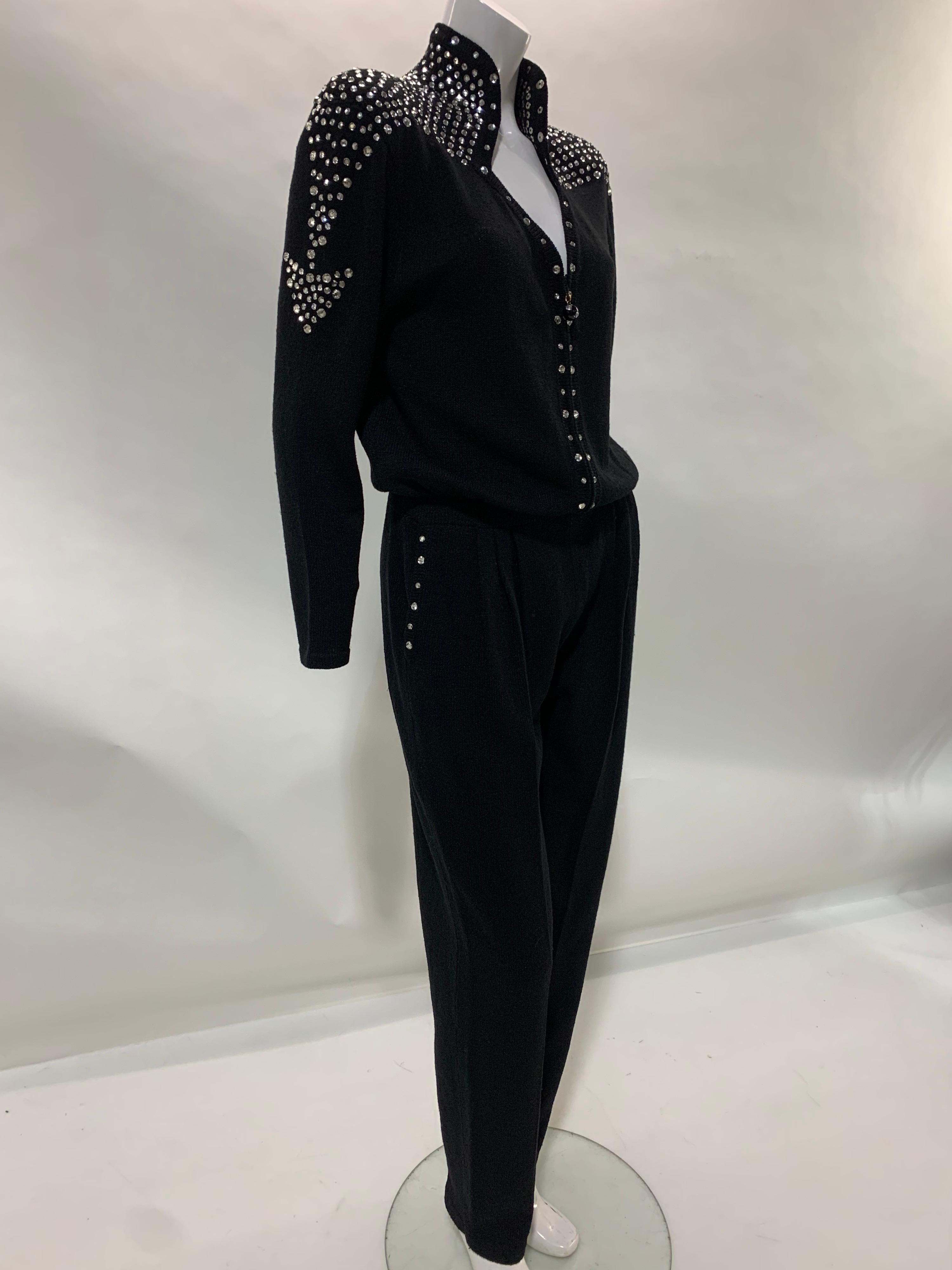 Women's 1980 Black Knit Jumpsuit w/ Structured Rhinestone Embellished Shoulder Arrows For Sale