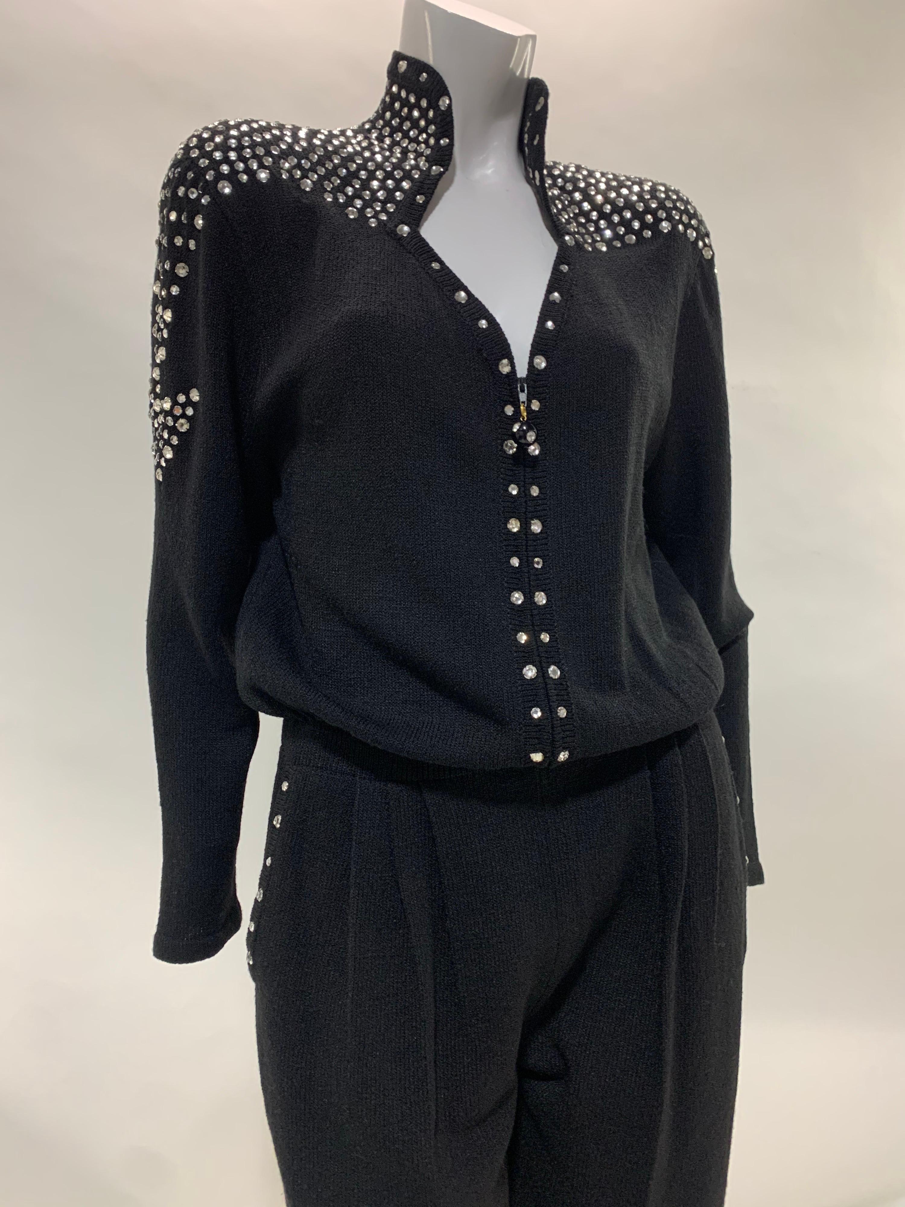 1980 Black Knit Jumpsuit w/ Structured Rhinestone Embellished Shoulder Arrows For Sale 1
