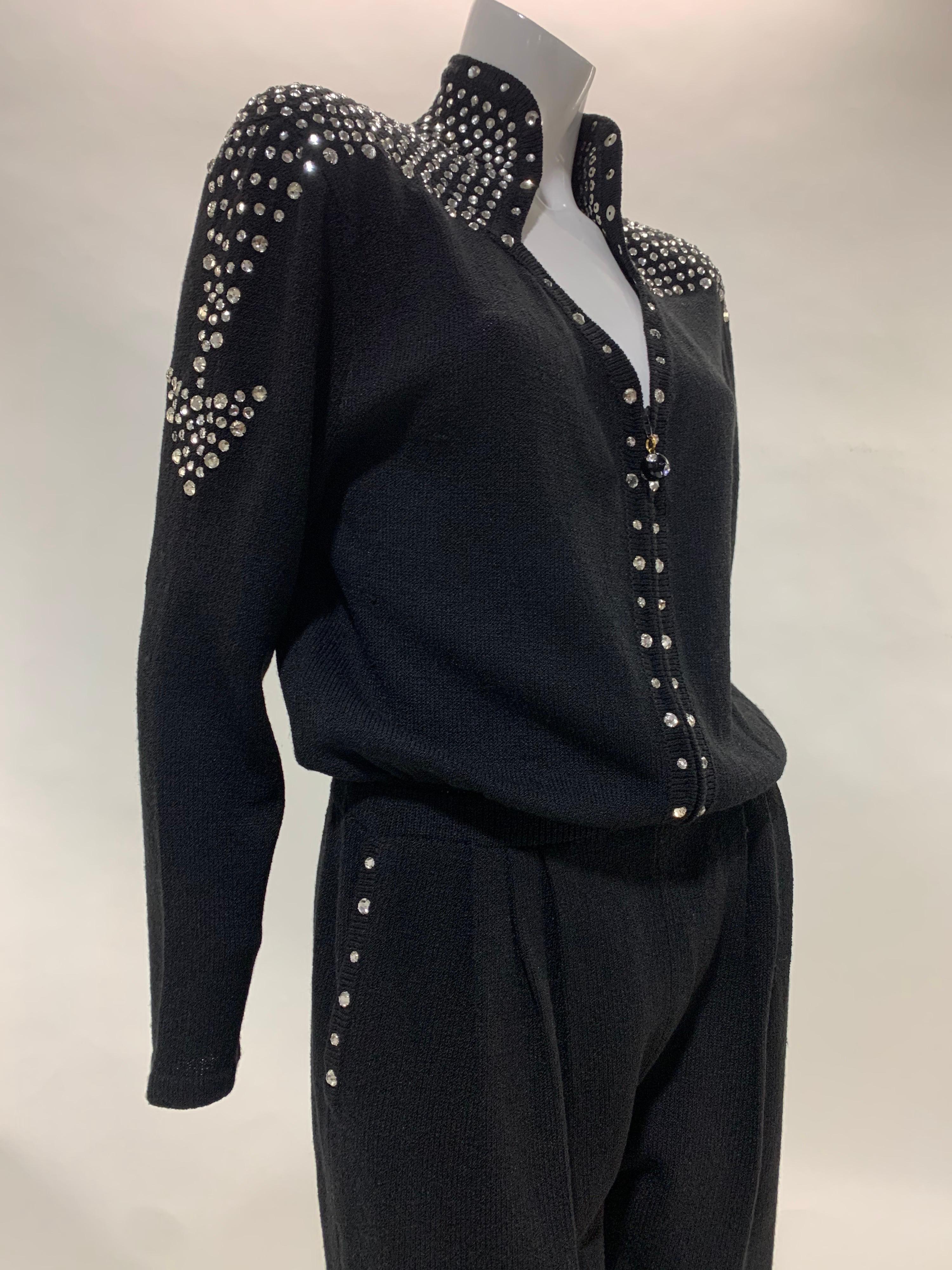 1980 Black Knit Jumpsuit w/ Structured Rhinestone Embellished Shoulder Arrows For Sale 3