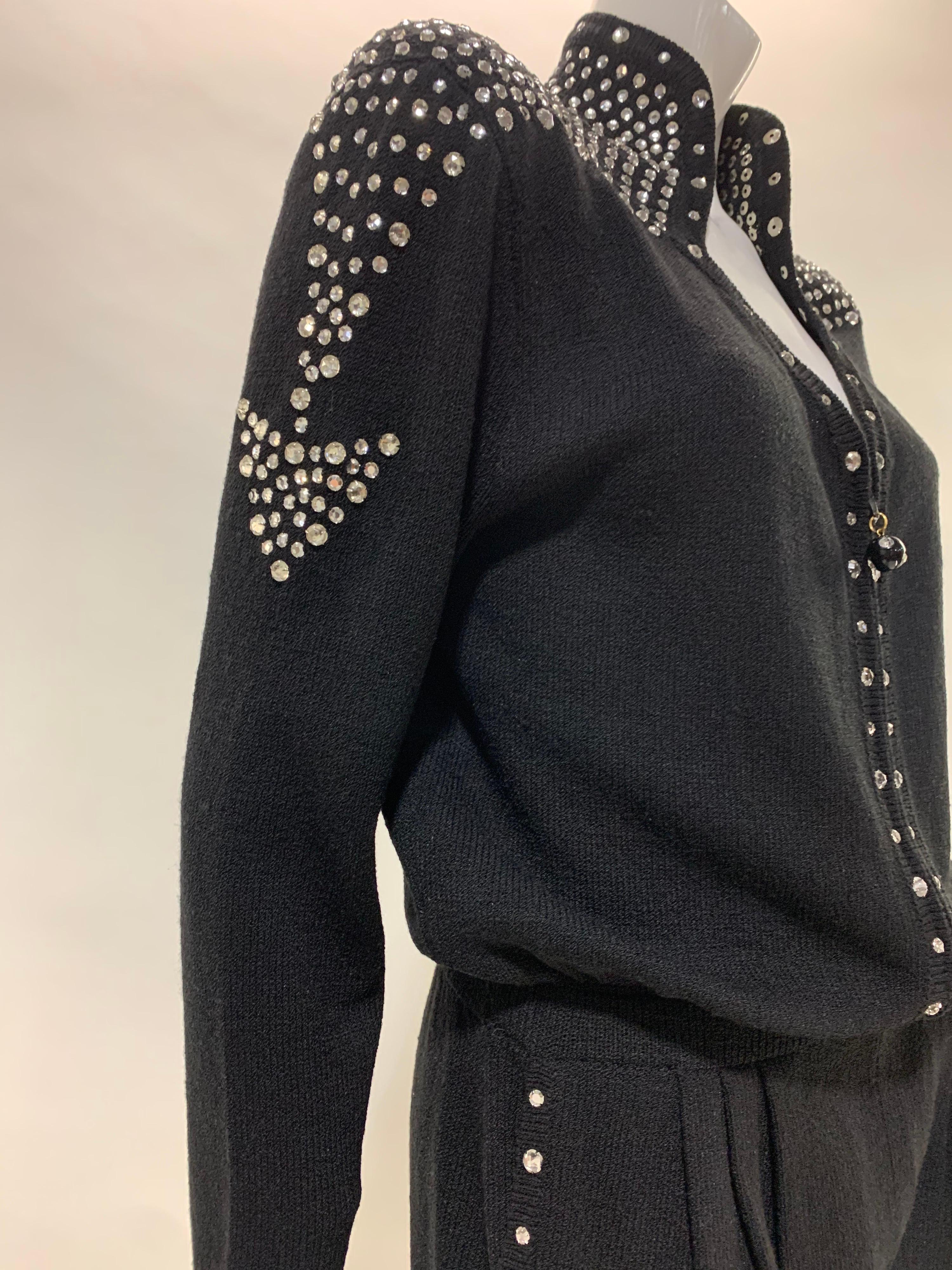 1980 Black Knit Jumpsuit w/ Structured Rhinestone Embellished Shoulder Arrows For Sale 4