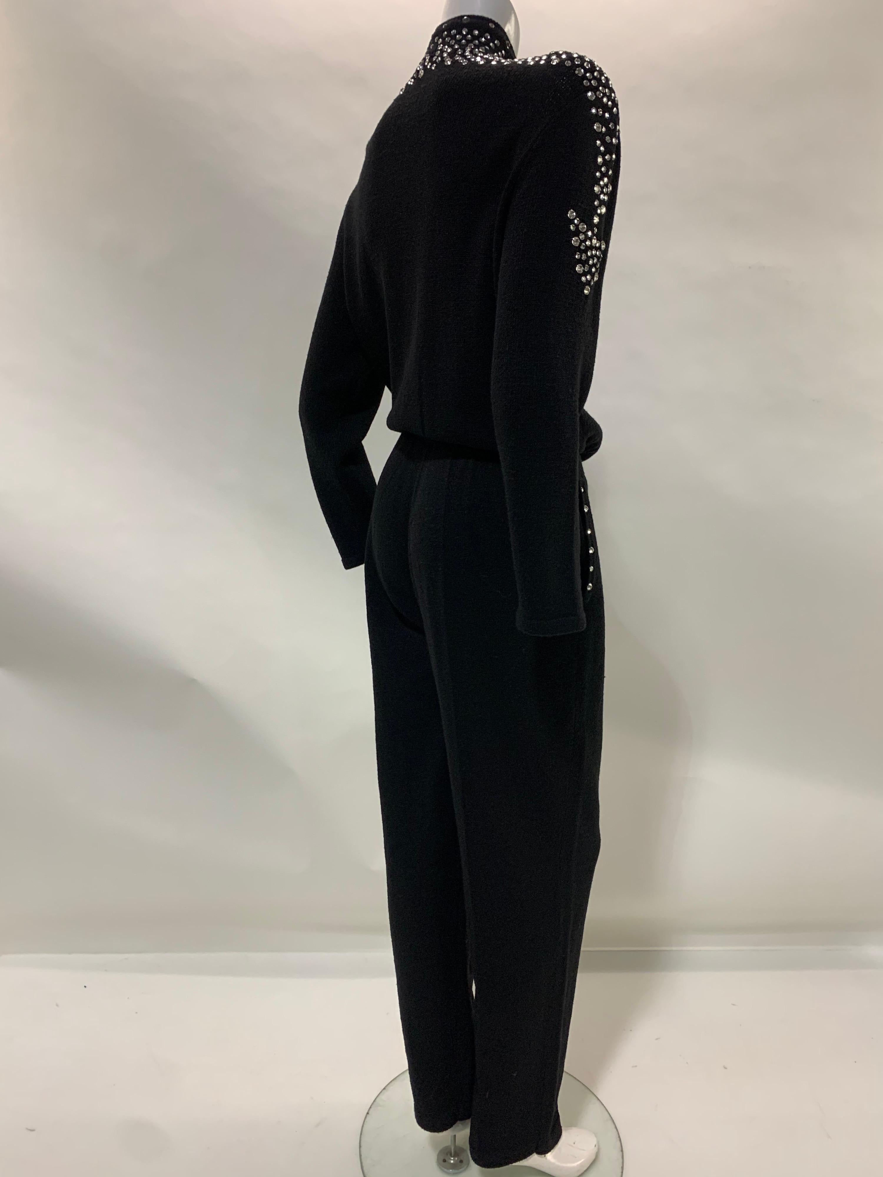 1980 Black Knit Jumpsuit w/ Structured Rhinestone Embellished Shoulder Arrows For Sale 5