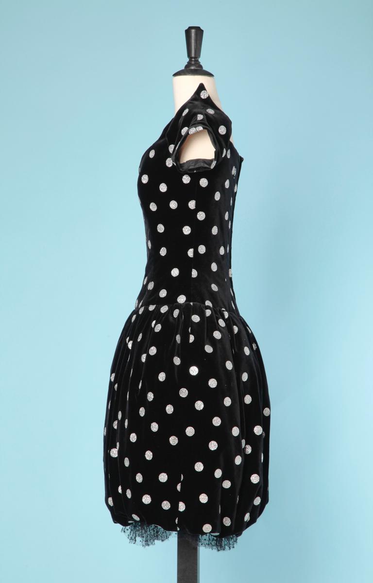 Black 1980 black velvet dress with silver polka dots and Lanvin label For Sale