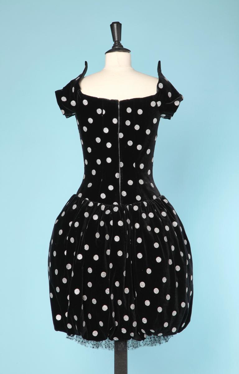 1980 black velvet dress with silver polka dots and Lanvin label In Good Condition For Sale In Saint-Ouen-Sur-Seine, FR