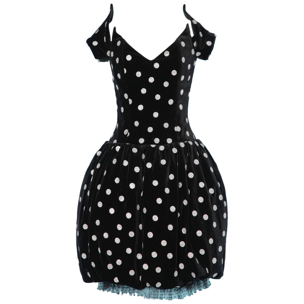 1980 black velvet dress with silver polka dots and Lanvin label For Sale