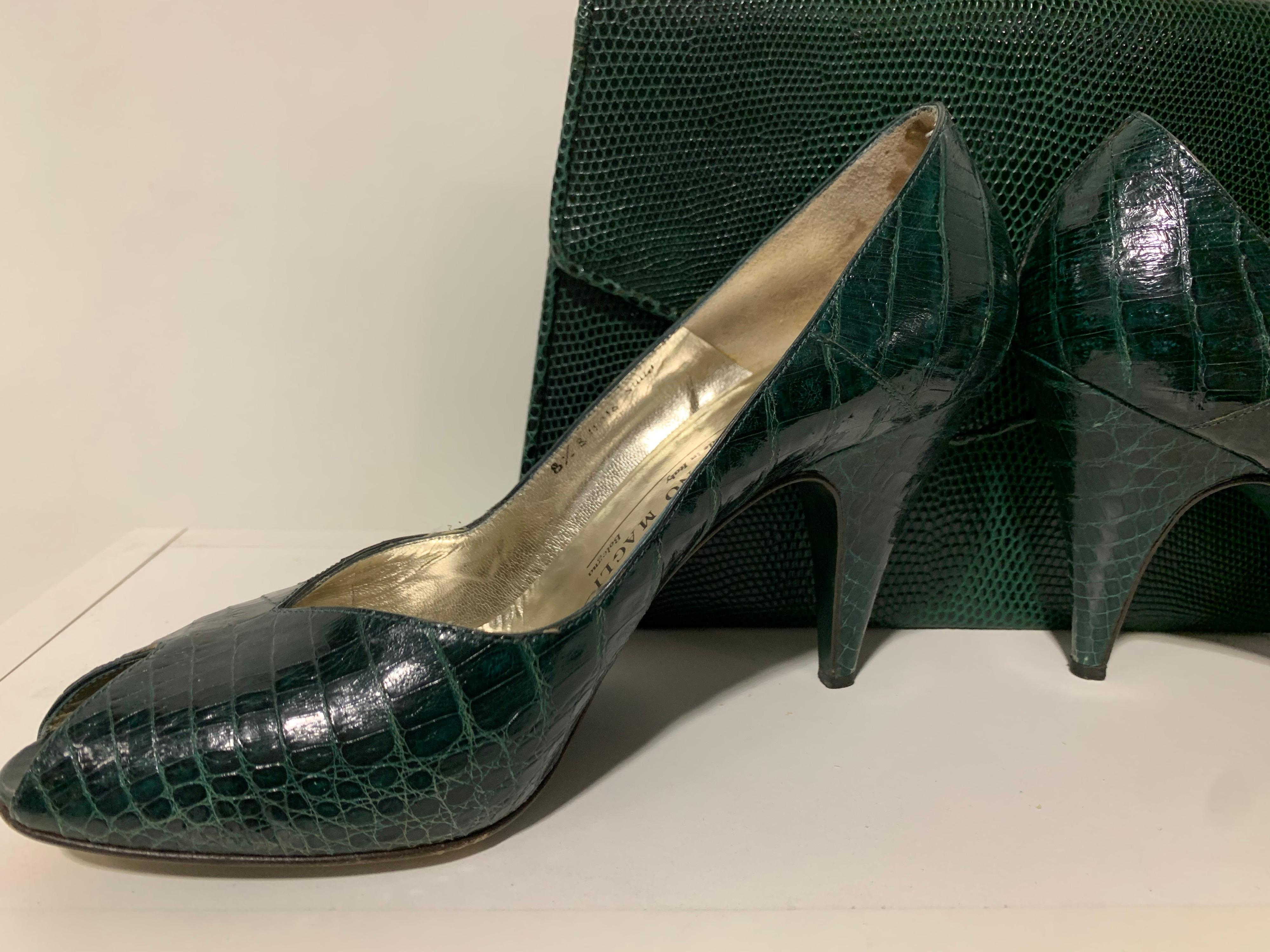 1980s Bruno Magli deep hunter green alligator peep toe stiletto pumps and coordinating lizard skin envelope styled clutch purse (unknown maker - stamped 