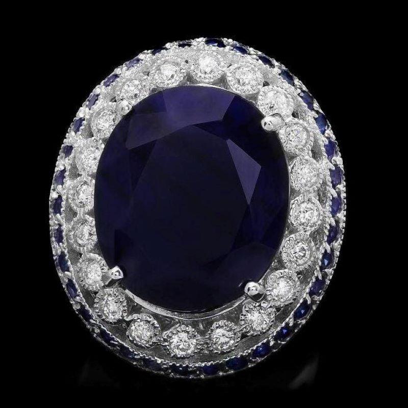 19.80 Carats Natural Sapphire and Diamond 14k Solid White Gold Ring In New Condition For Sale In Los Angeles, CA