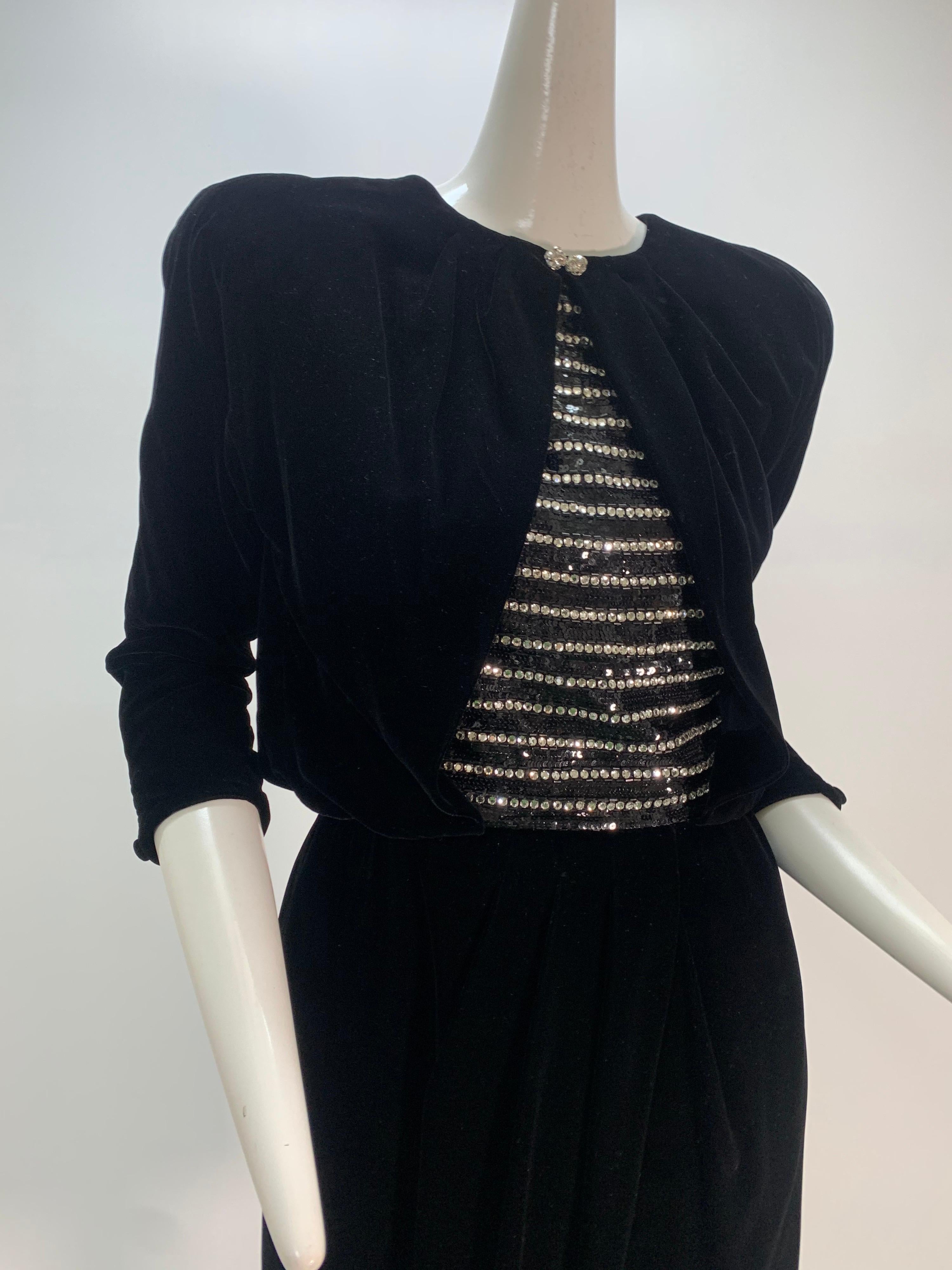 1980 Carolyne Roehm Black Velvet Cocktail Dress W/ Rhinestone & Sequin Stripes For Sale 6