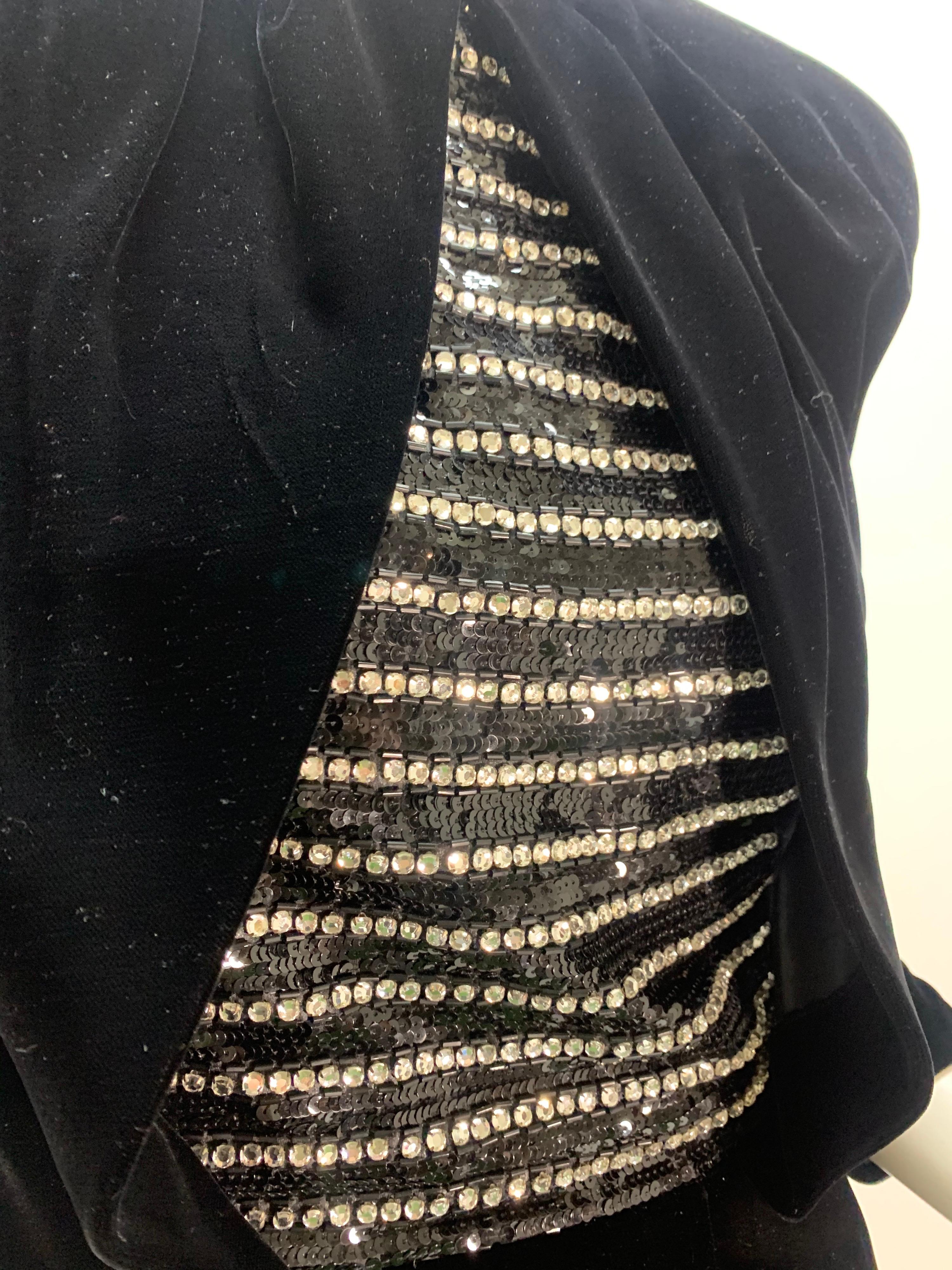 1980 Carolyne Roehm Black Velvet Cocktail Dress W/ Rhinestone & Sequin Stripes In Excellent Condition For Sale In Gresham, OR