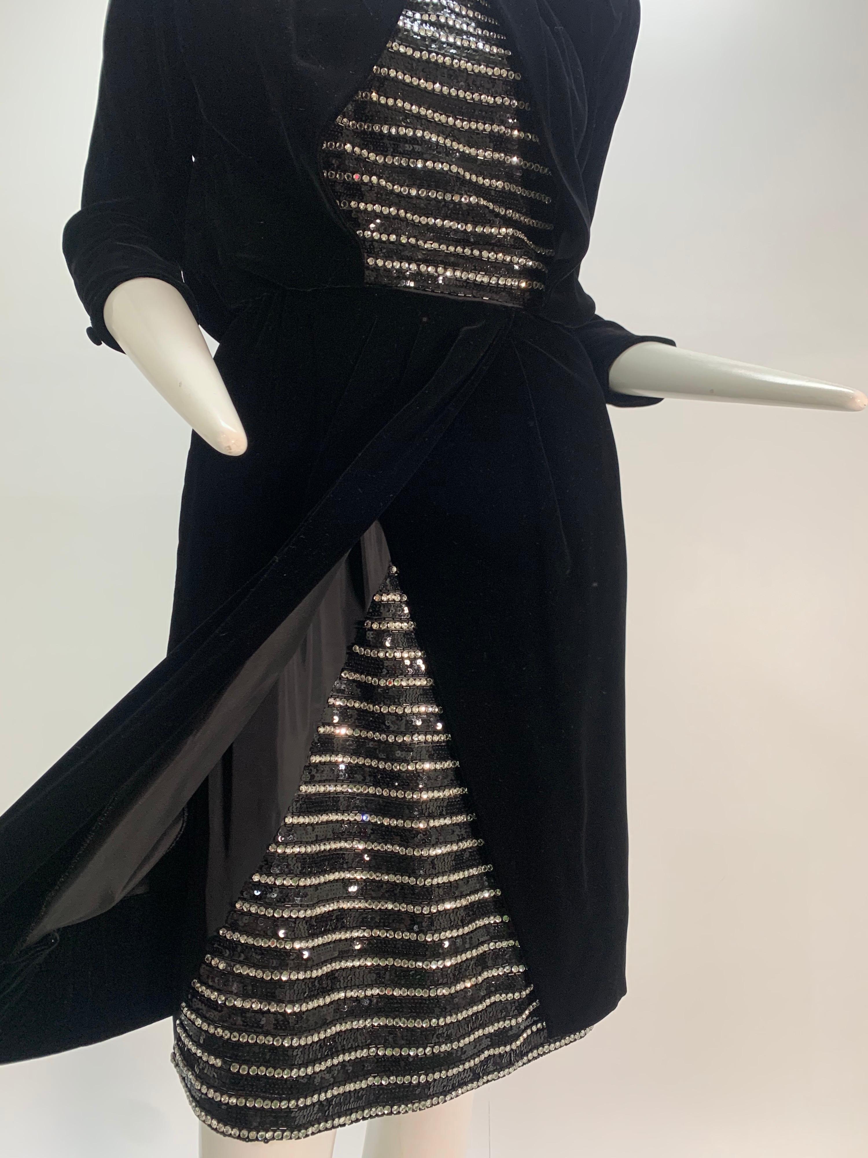 Women's 1980 Carolyne Roehm Black Velvet Cocktail Dress W/ Rhinestone & Sequin Stripes For Sale