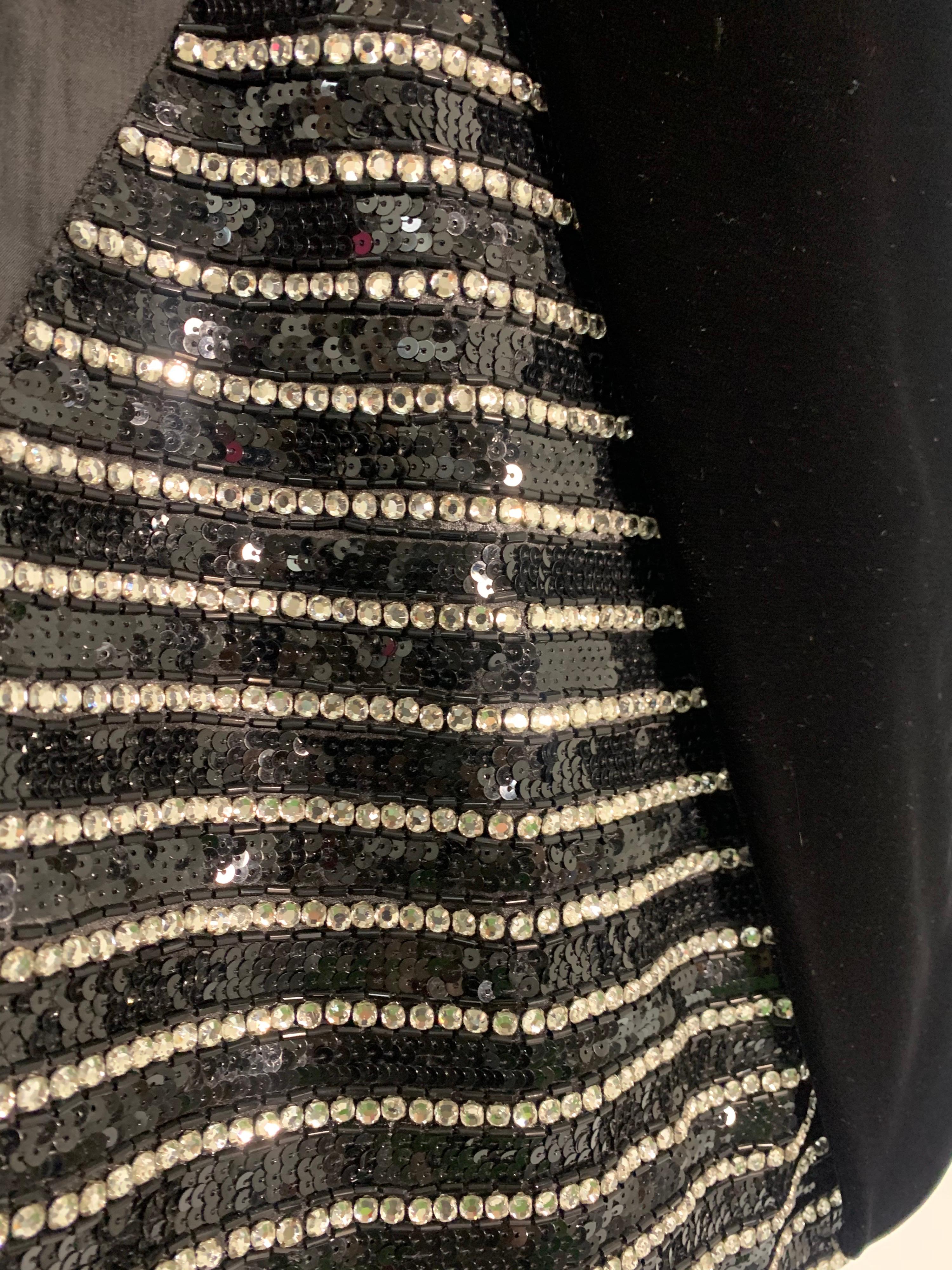 1980 Carolyne Roehm Black Velvet Cocktail Dress W/ Rhinestone & Sequin Stripes For Sale 1