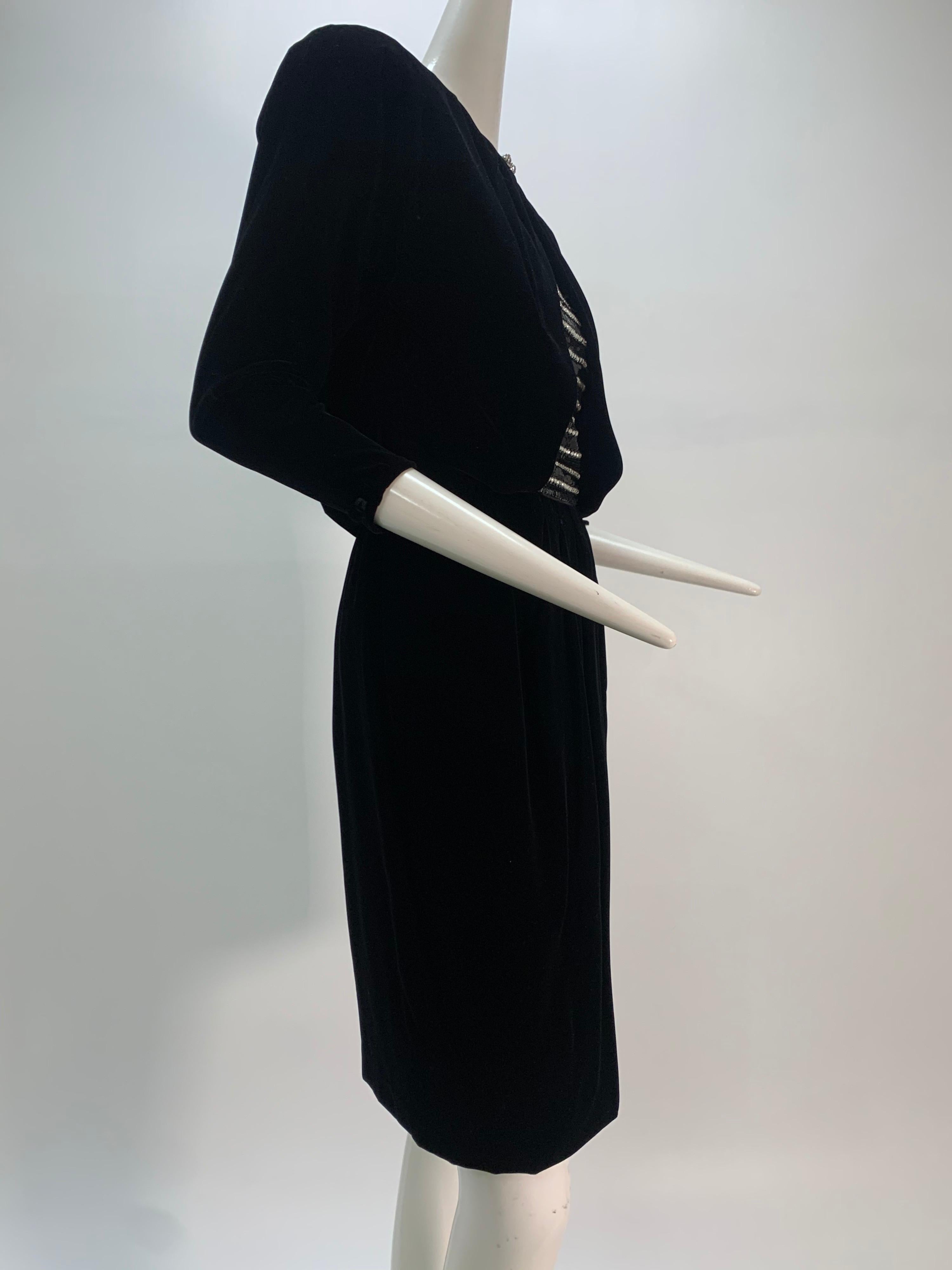 1980 Carolyne Roehm Black Velvet Cocktail Dress W/ Rhinestone & Sequin Stripes For Sale 2