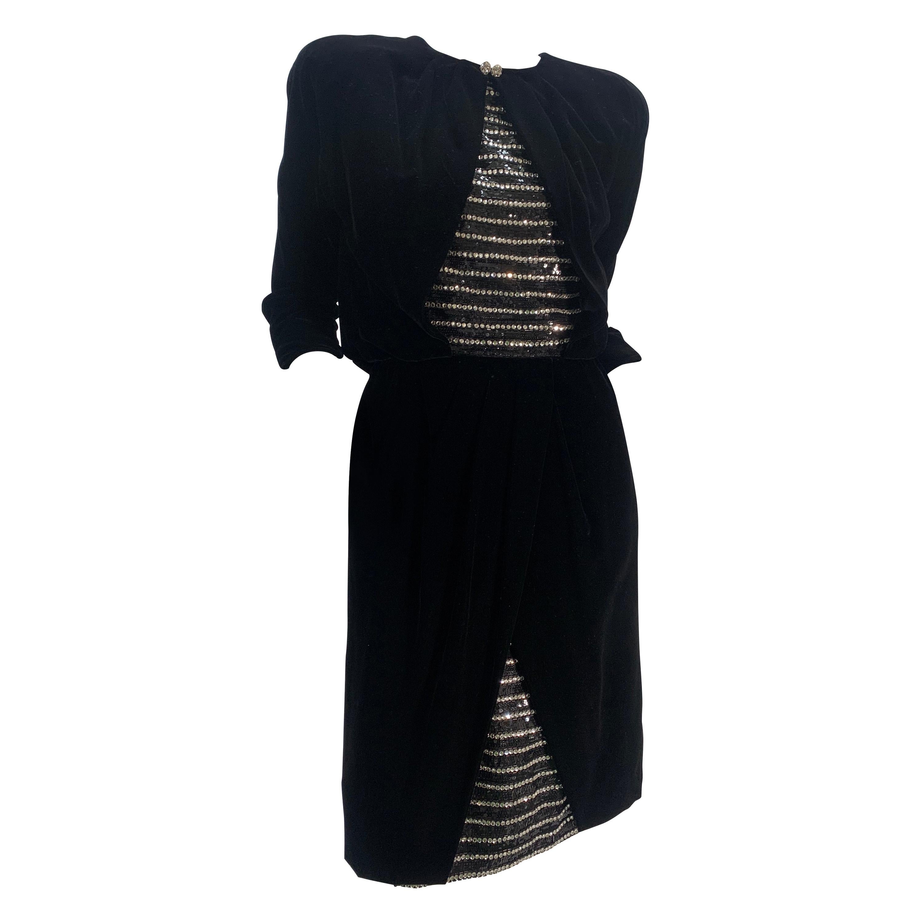 1980 Carolyne Roehm Black Velvet Cocktail Dress W/ Rhinestone & Sequin Stripes For Sale
