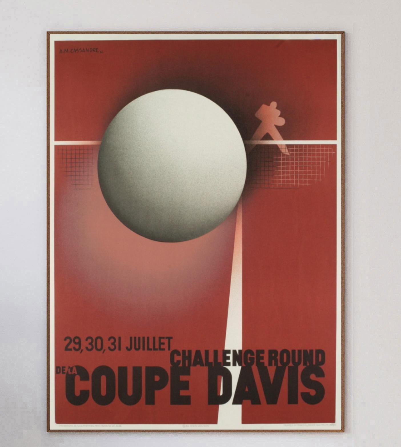 Regarded as one of the all time great graphic designers, French-Ukrainian great A.M. Cassandre designed this poster for the Coupe Davis, or Davis Cup in 1932. In typical art deco style using scale and lighting to brilliant effect, this beautiful