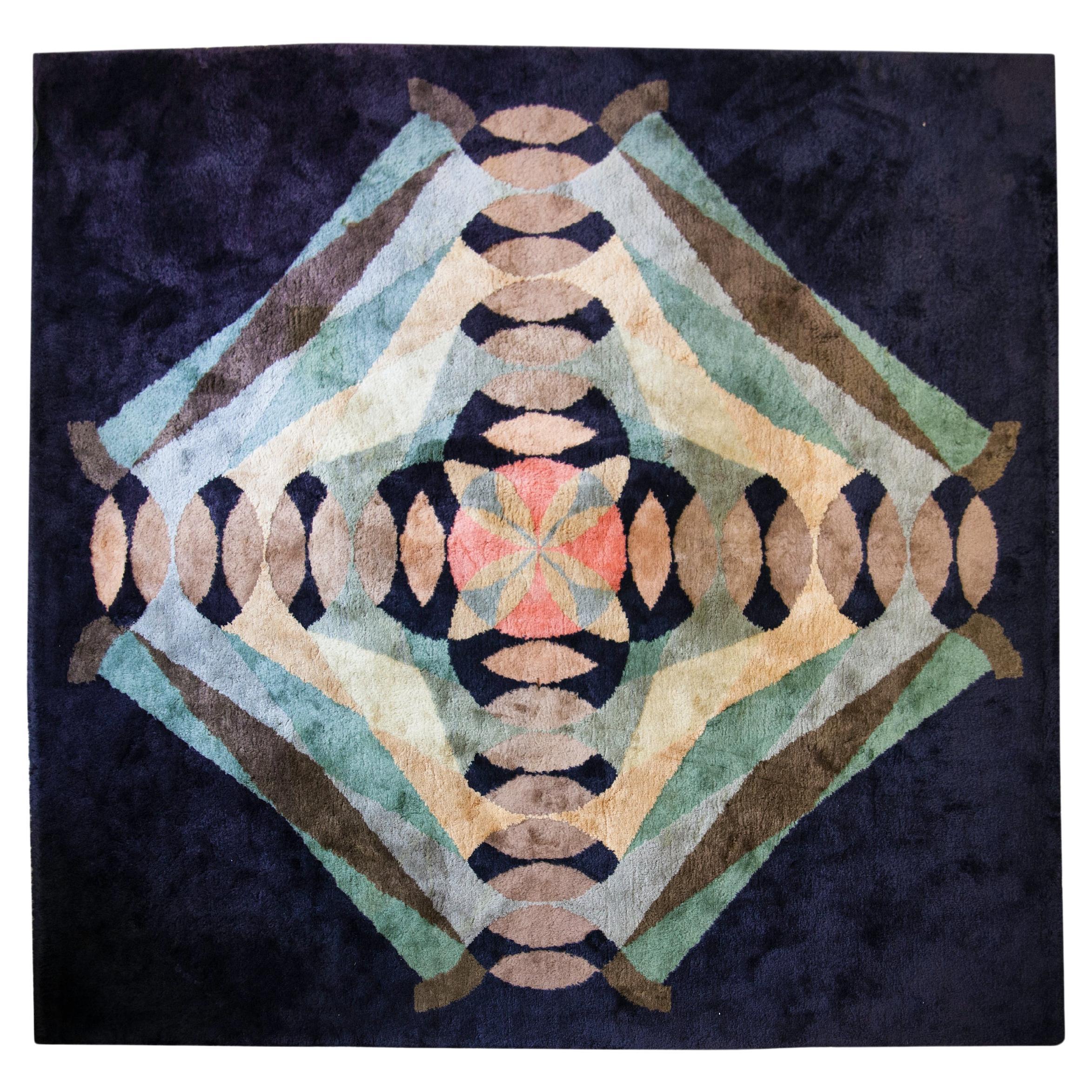 1980 Dandolo Y Primi SA, Buenos Aires, Argentina Alfombra Lana Azul Negro Policromo en venta