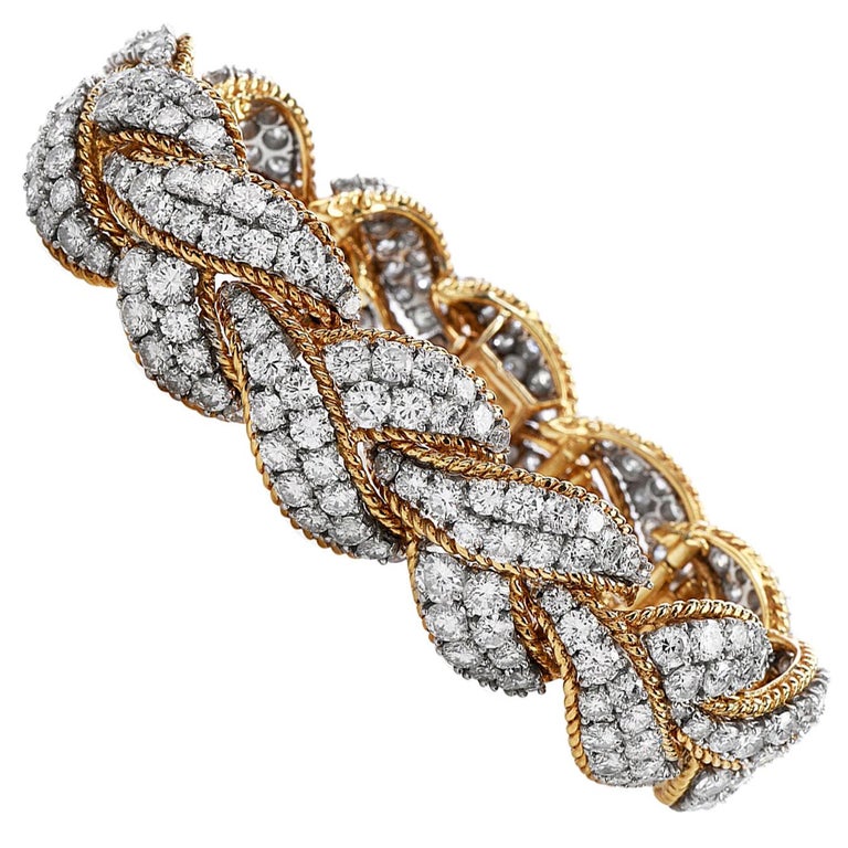 1980 Diamond 18 Karat Two-Tone Gold Cluster Braided Link Bracelet For Sale