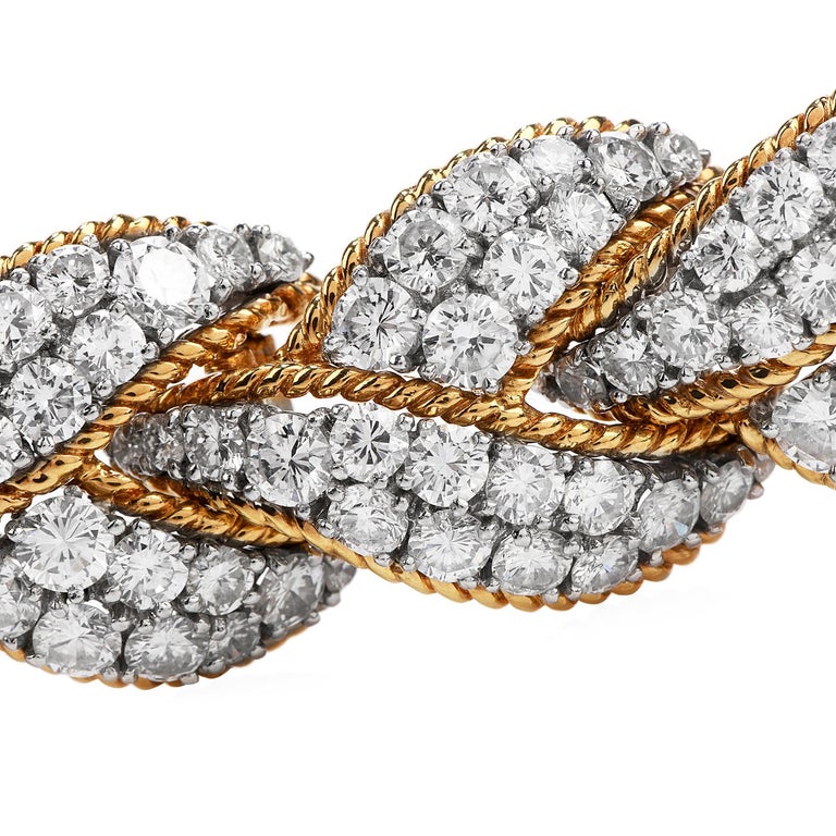Modern 1980 Diamond 18 Karat Two-Tone Gold Cluster Braided Link Bracelet For Sale