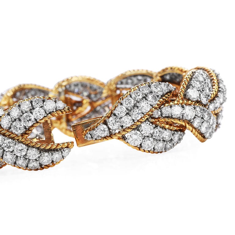 Round Cut 1980 Diamond 18 Karat Two-Tone Gold Cluster Braided Link Bracelet For Sale